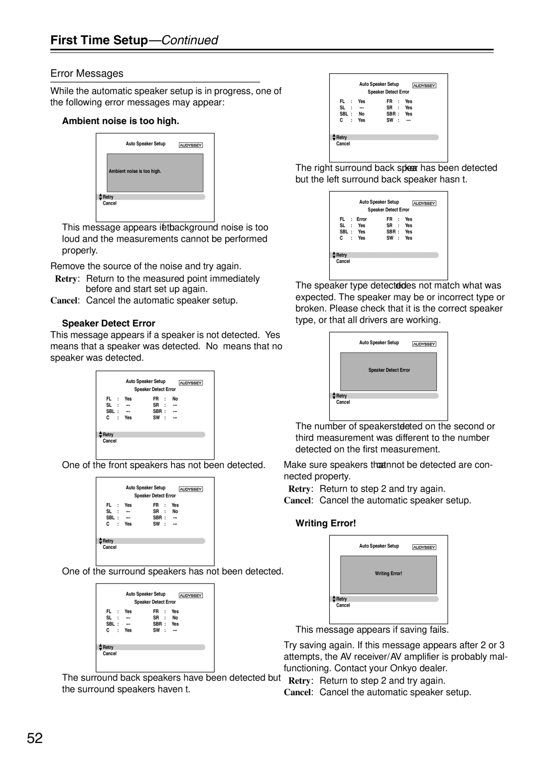 Onkyo TX-SA706 instruction manual Error Messages, Ambient noise is too high, Speaker Detect Error, Writing Error 