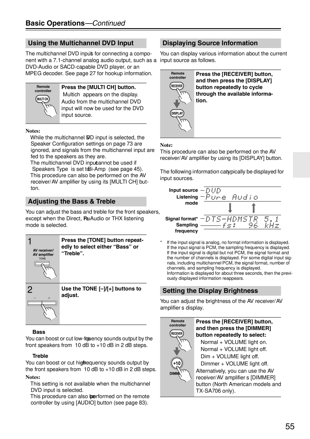 Onkyo TX-SA706 instruction manual Basic Operations, Using the Multichannel DVD Input, Adjusting the Bass & Treble 