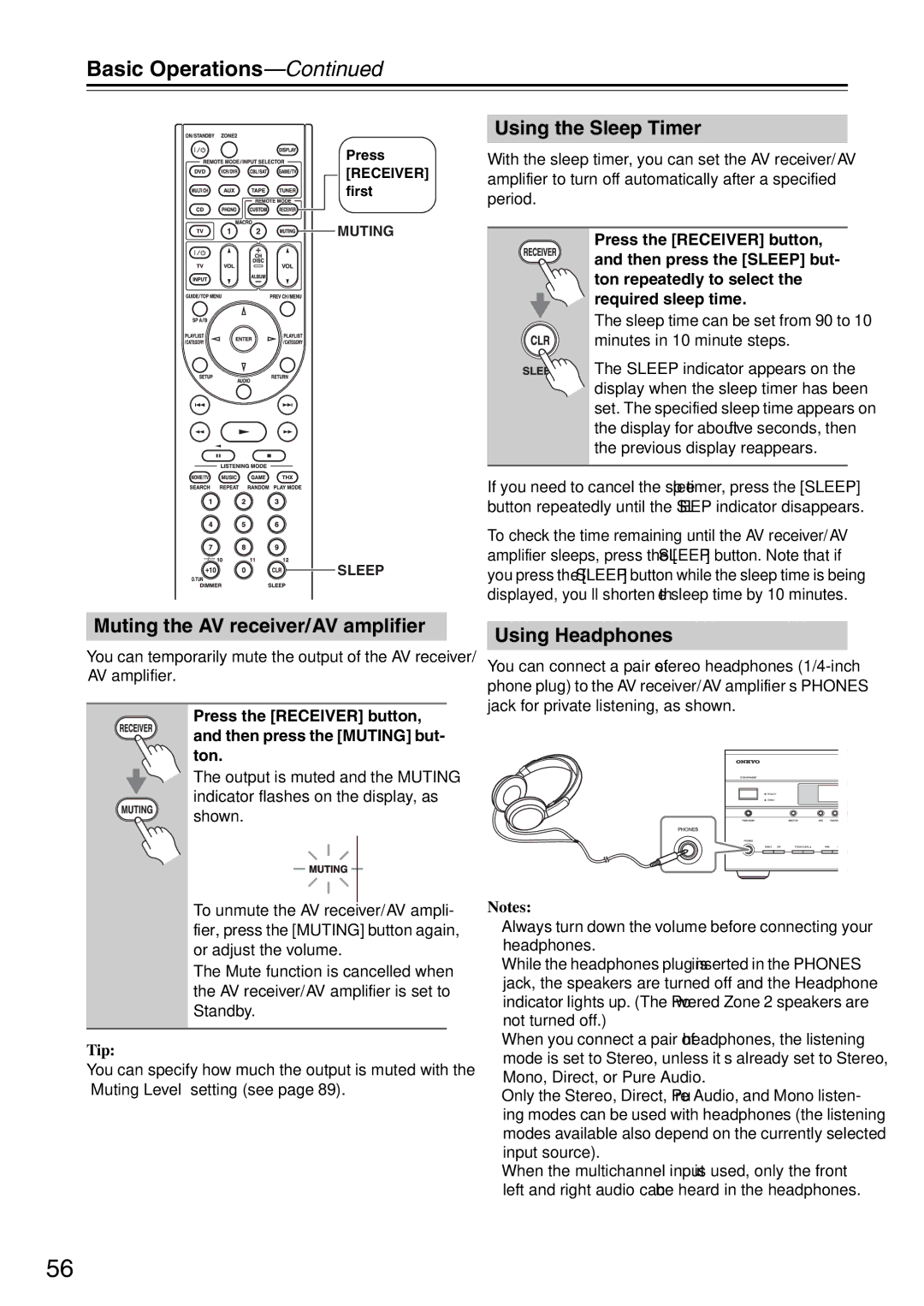 Onkyo TX-SA706 instruction manual Muting the AV receiver/AV amplifier, Using the Sleep Timer, Using Headphones, Tip 