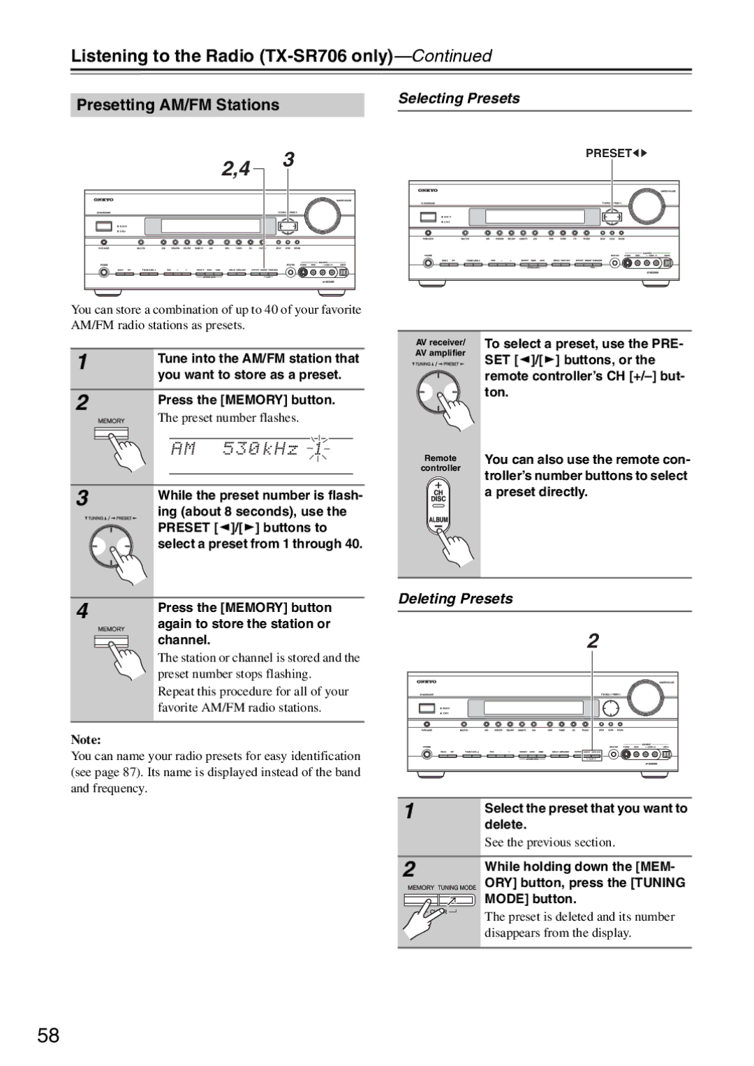 Onkyo TX-SA706 Listening to the Radio TX-SR706only, Presetting AM/FM Stations, Selecting Presets, Deleting Presets 