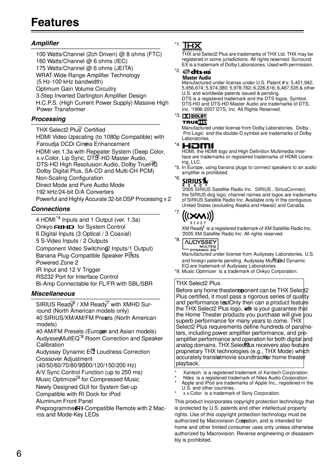 Onkyo TX-SA706 instruction manual Features, Amplifier, Processing, Connections, Miscellaneous 