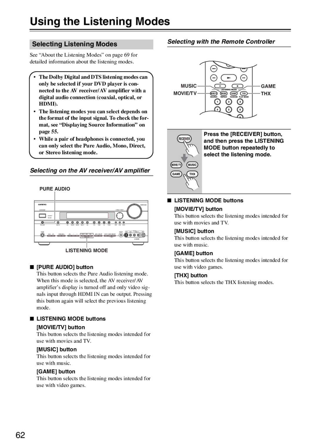 Onkyo TX-SA706 Using the Listening Modes, Selecting Listening Modes, Selecting on the AV receiver/AV amplifier 