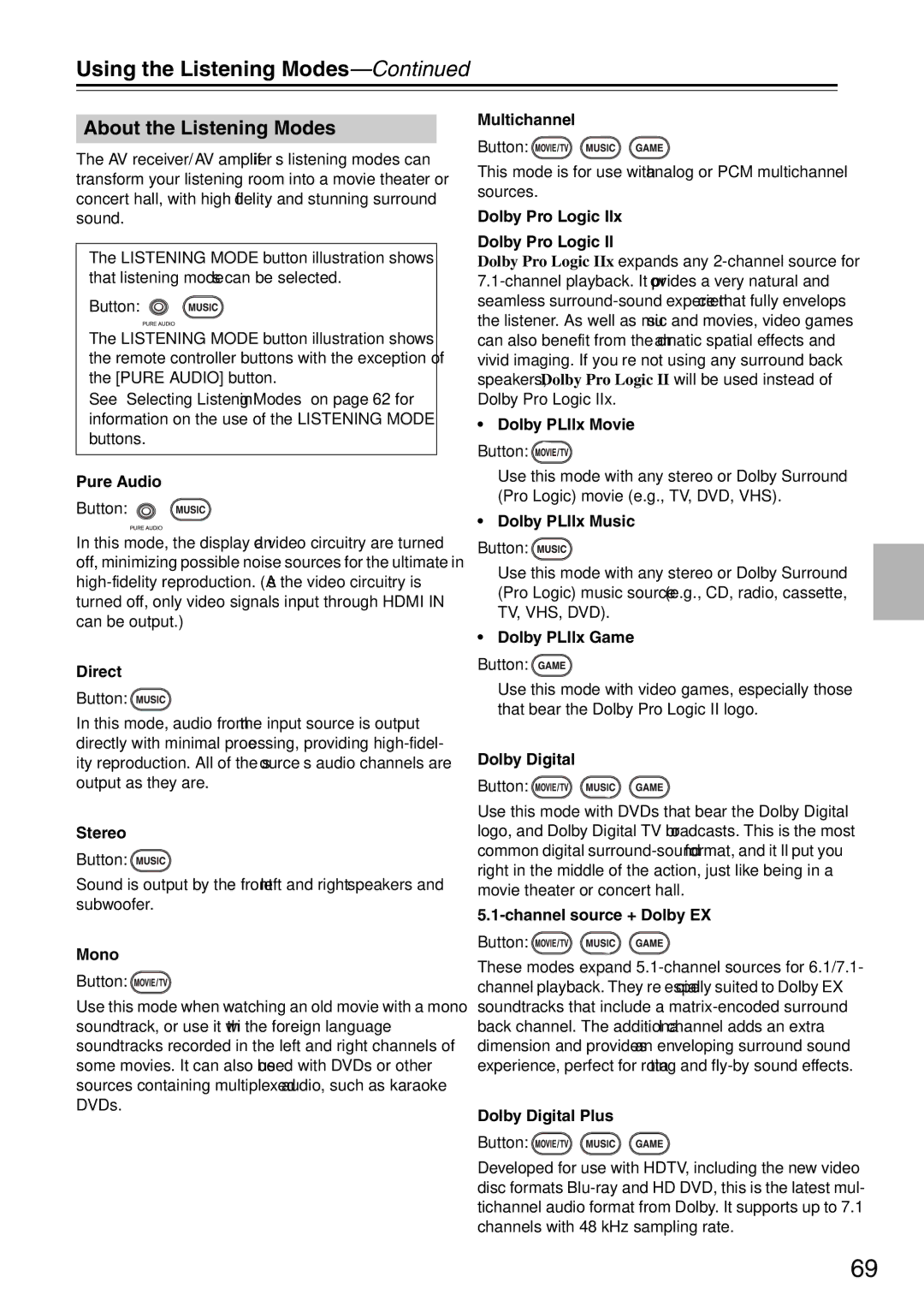 Onkyo TX-SA706 instruction manual About the Listening Modes 