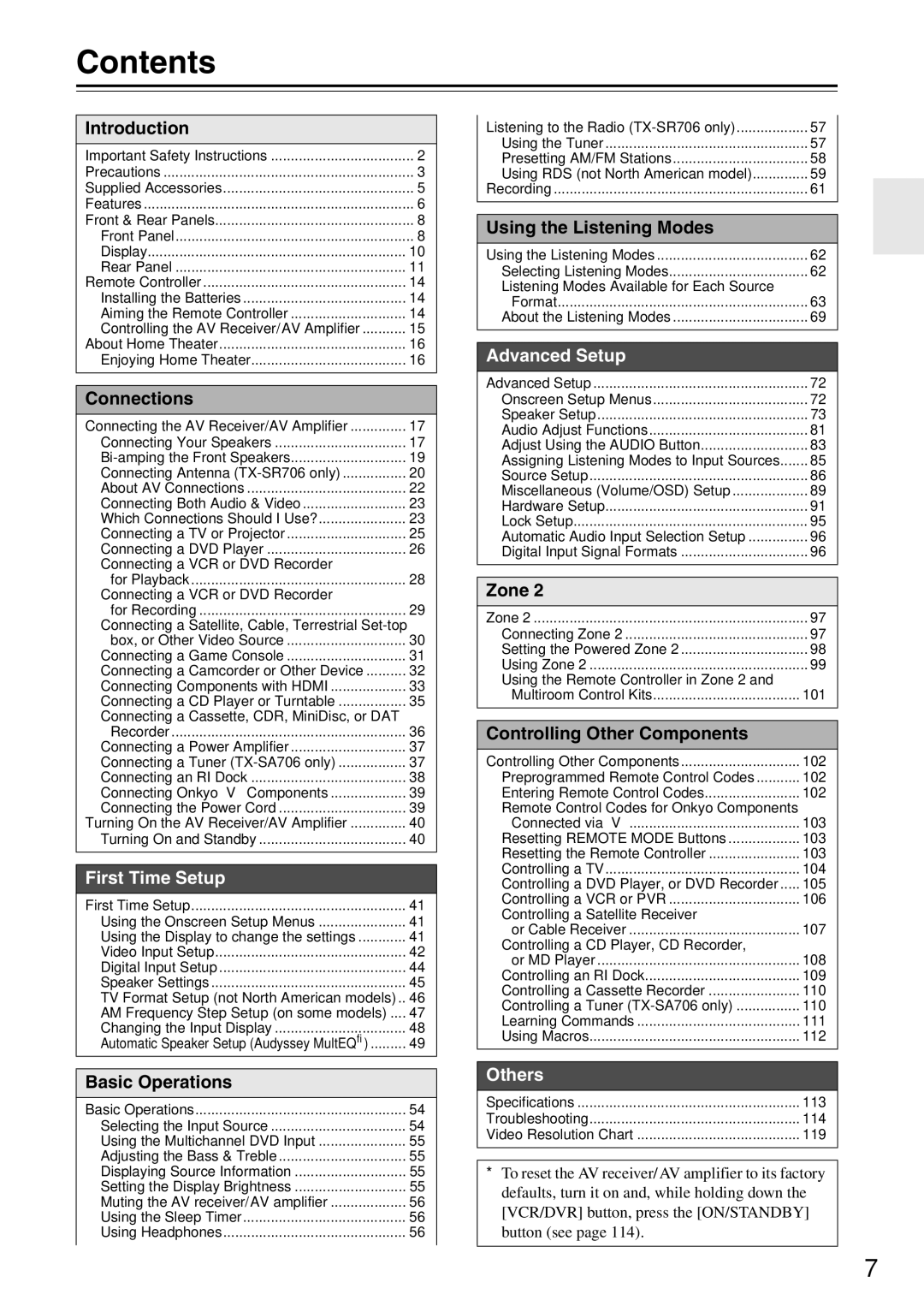 Onkyo TX-SA706 instruction manual Contents 