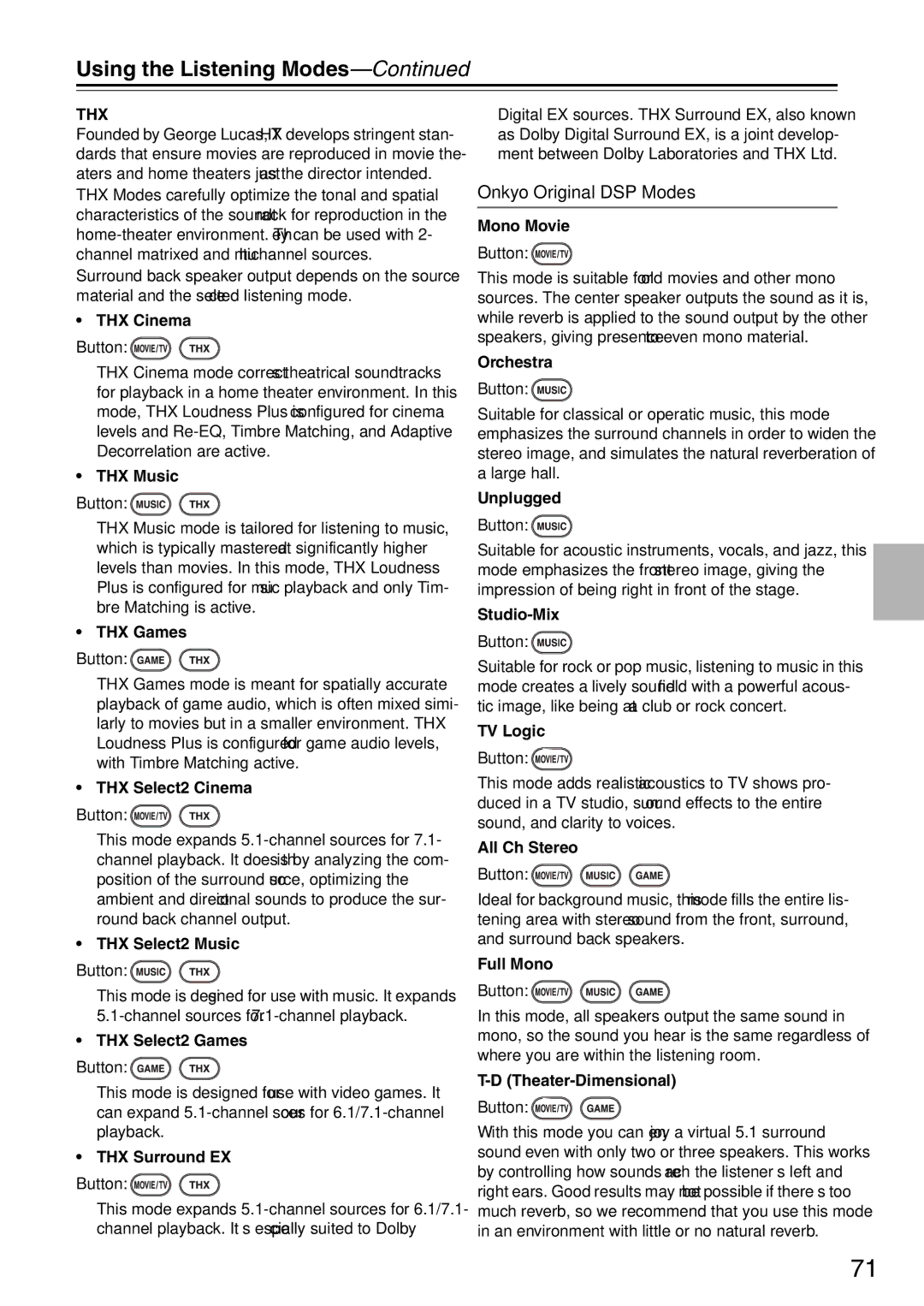 Onkyo TX-SA706 instruction manual Onkyo Original DSP Modes 