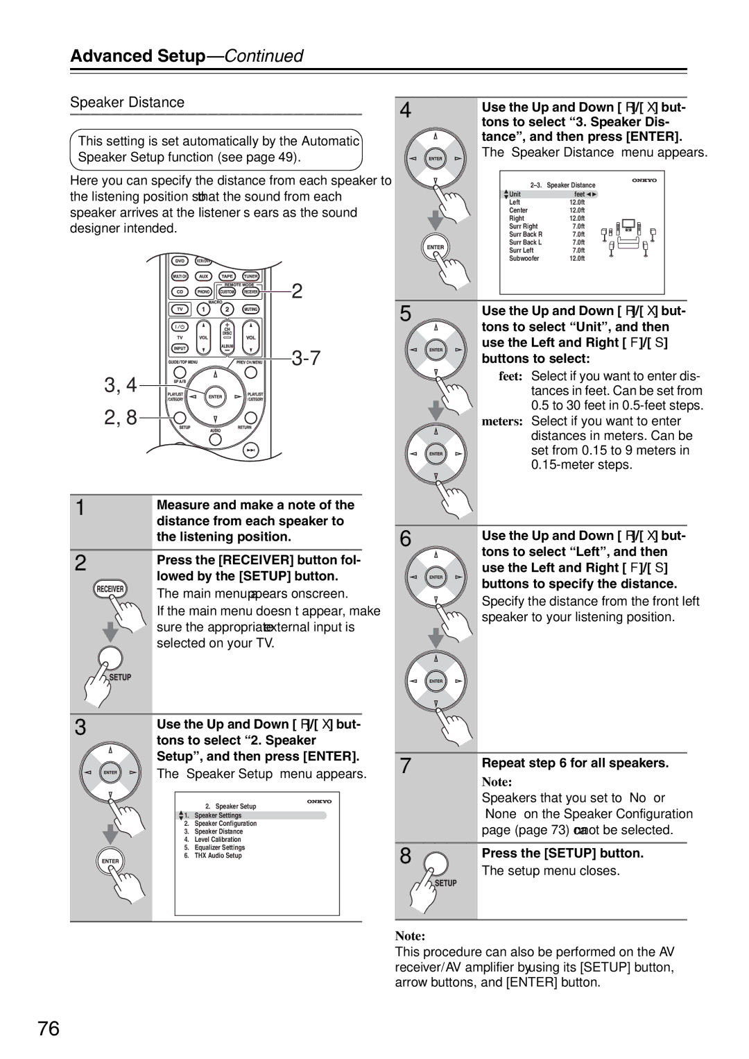 Onkyo TX-SA706 instruction manual Speaker Distance, Repeat for all speakers 