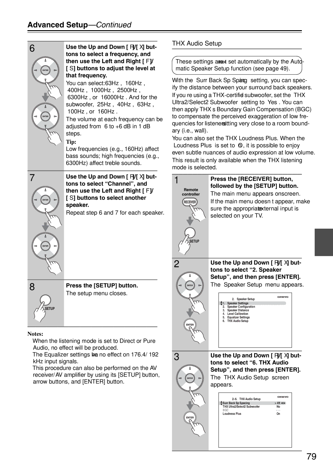 Onkyo TX-SA706 instruction manual Repeat and 7 for each speaker, THX Audio Setup screen appears 