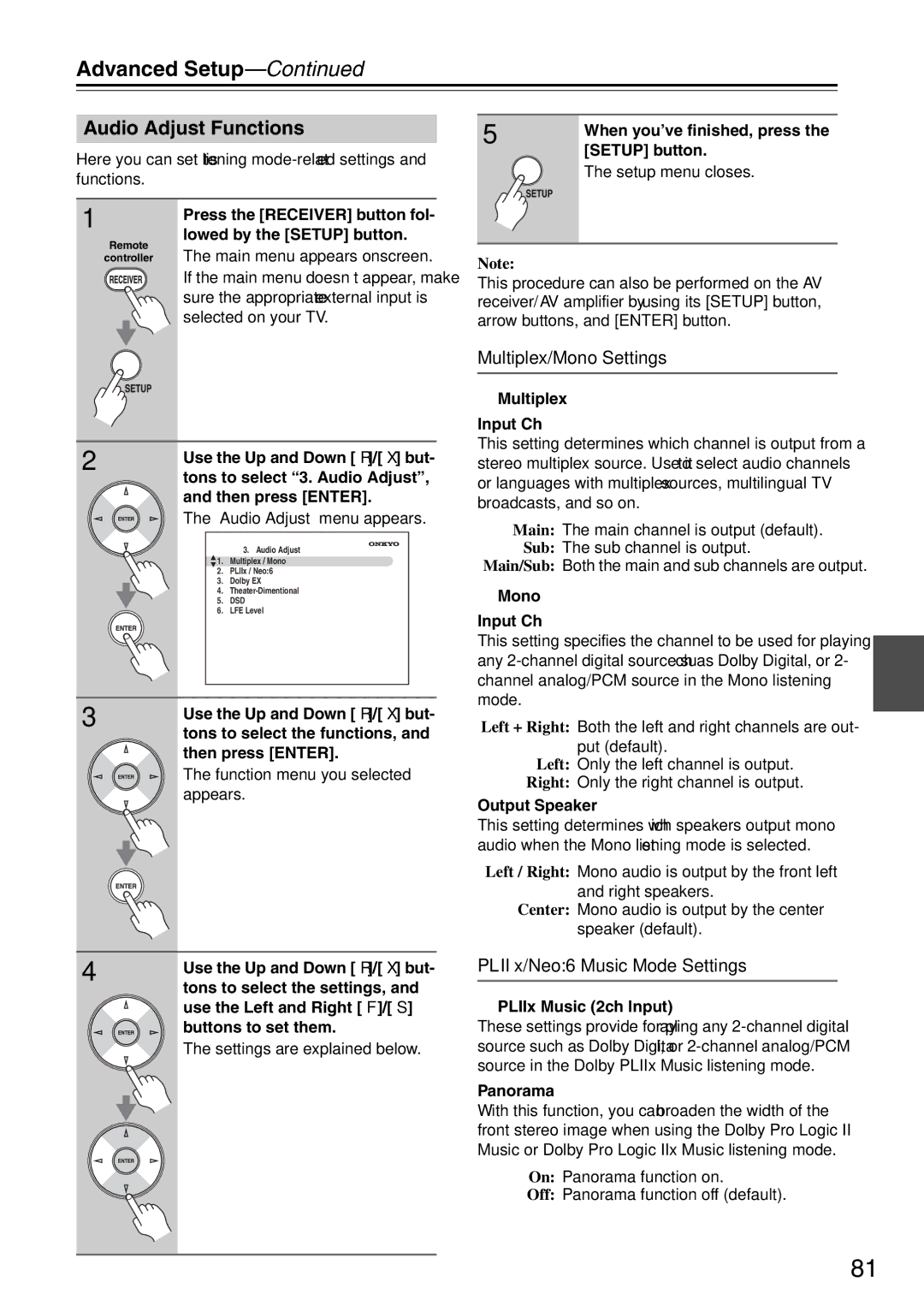 Onkyo TX-SA706 instruction manual Audio Adjust Functions, Multiplex/Mono Settings, PLIIx/Neo6 Music Mode Settings 