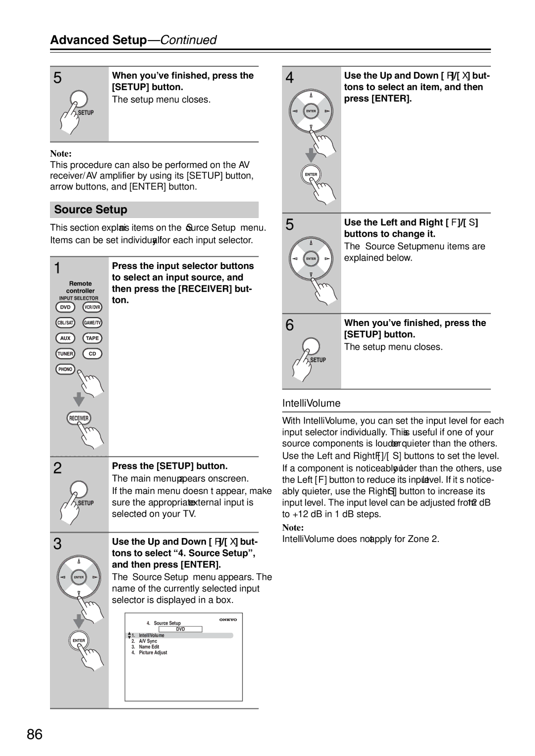 Onkyo TX-SA706 instruction manual Source Setup, IntelliVolume 