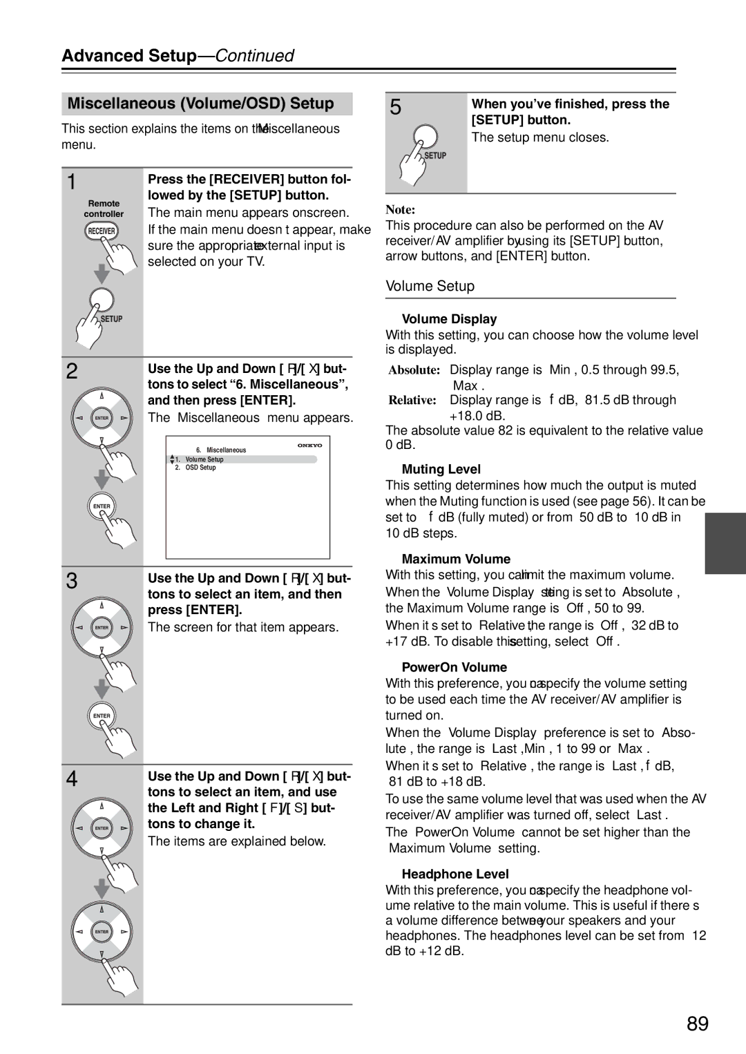 Onkyo TX-SA706 instruction manual Miscellaneous Volume/OSD Setup, Volume Setup 