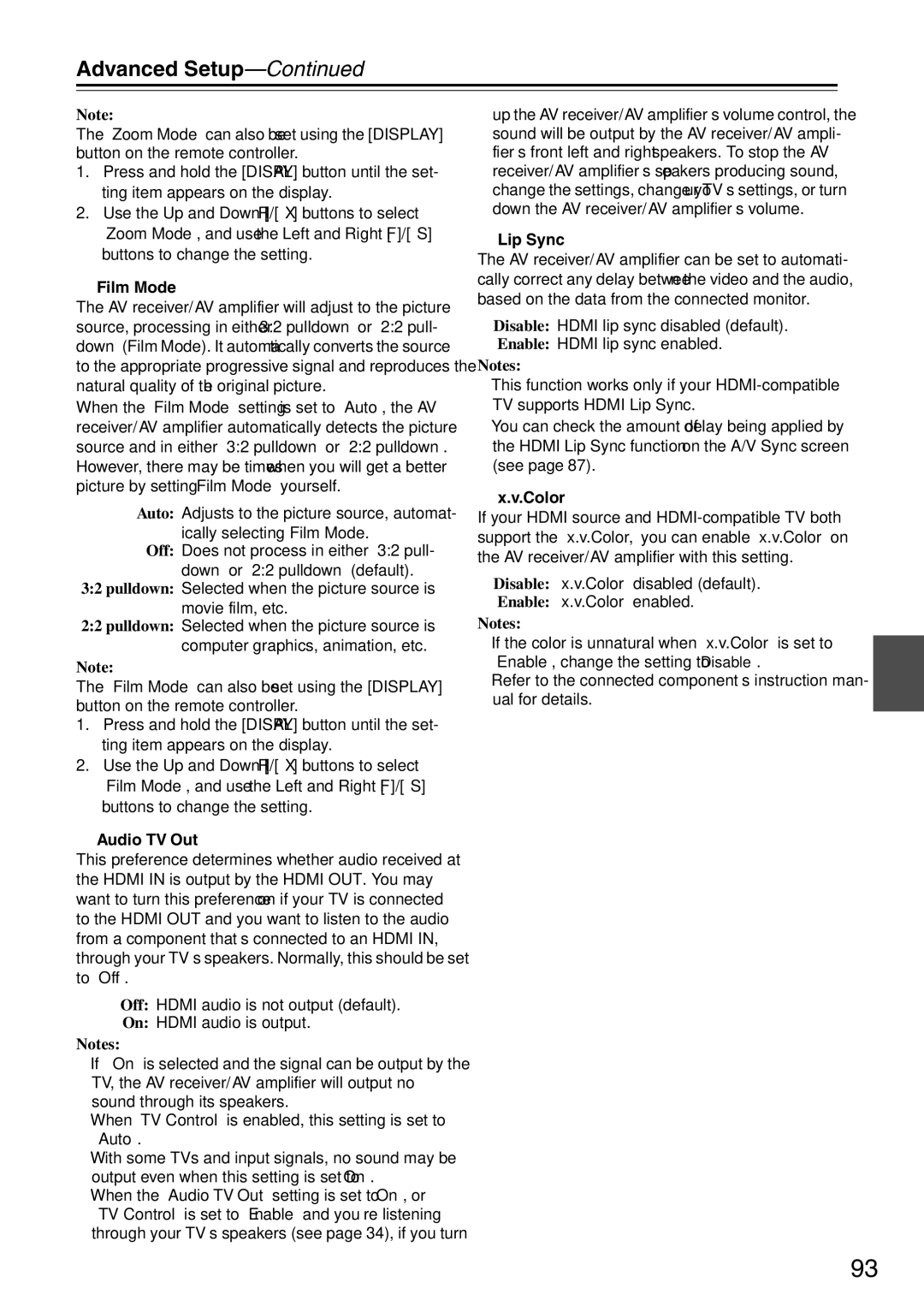 Onkyo TX-SA706 instruction manual Film Mode, Audio TV Out, Lip Sync, Color 