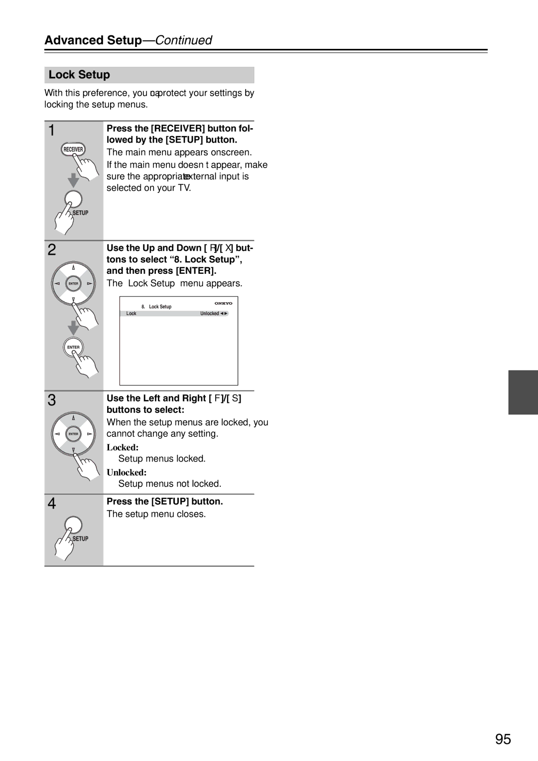 Onkyo TX-SA706 instruction manual Lock Setup, Locked, Unlocked 
