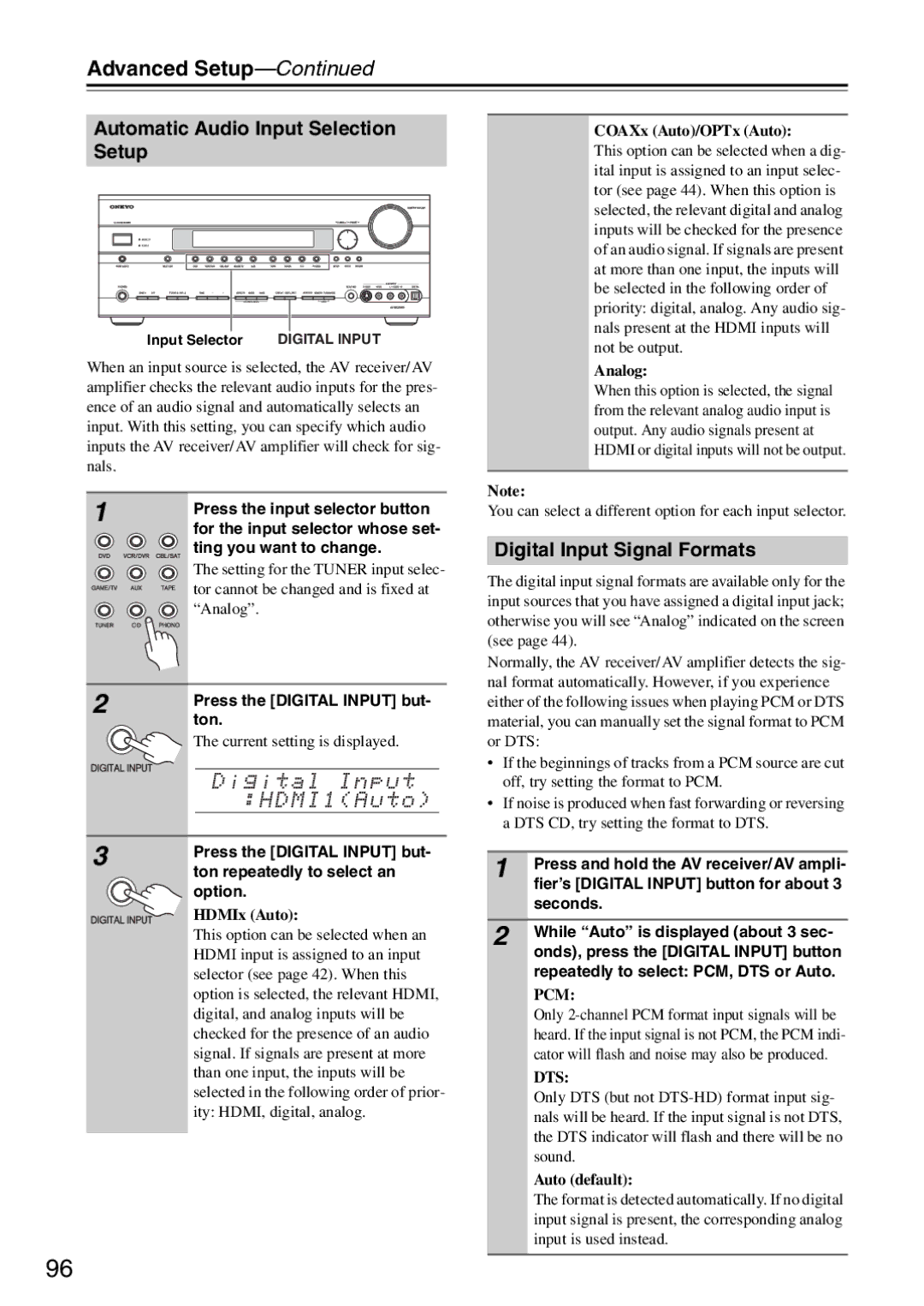 Onkyo TX-SA706 instruction manual Automatic Audio Input Selection Setup, Digital Input Signal Formats 