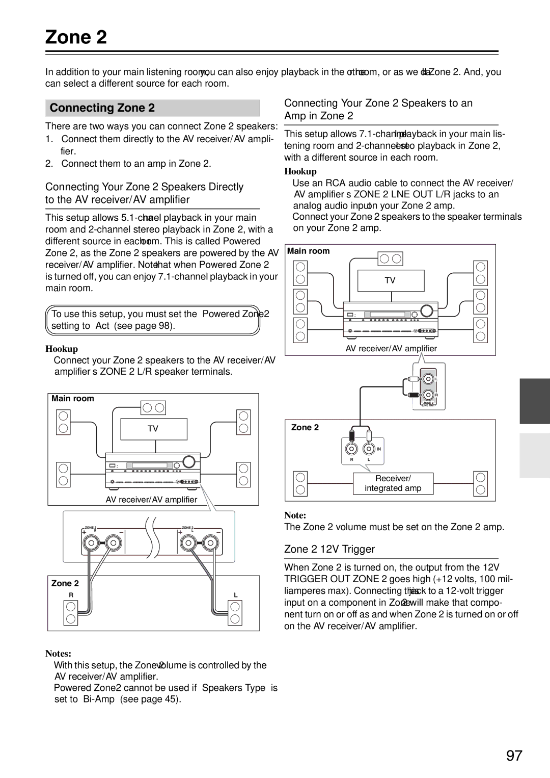 Onkyo TX-SA706 Connecting Zone, Connecting Your Zone 2 Speakers to an Amp in Zone, Zone 2 12V Trigger, Hookup 