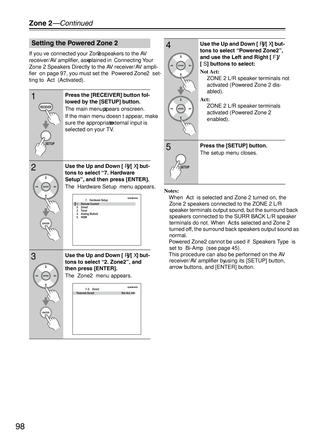 Onkyo TX-SA706 instruction manual Setting the Powered Zone, Tons to select 2. Zone2, Zone2 menu appears, Not Act 