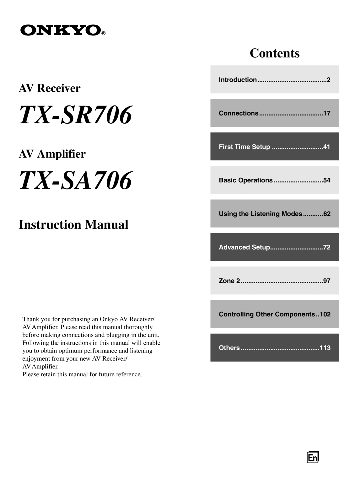 Onkyo TX-SA706 instruction manual Using the Listening Modes, Controlling Other Components, TX-SR706, Contents, AV Receiver 