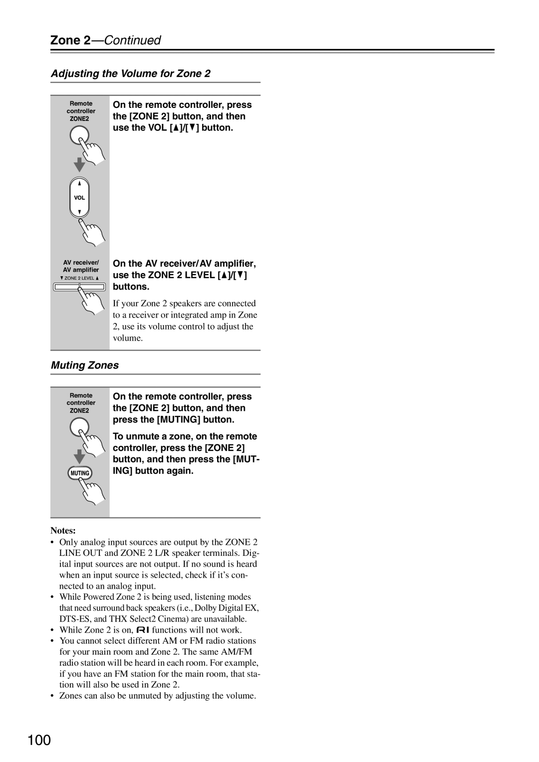 Onkyo TX-SA706 instruction manual Adjusting the Volume for Zone, Muting Zones, Zone 2-Continued, Notes 