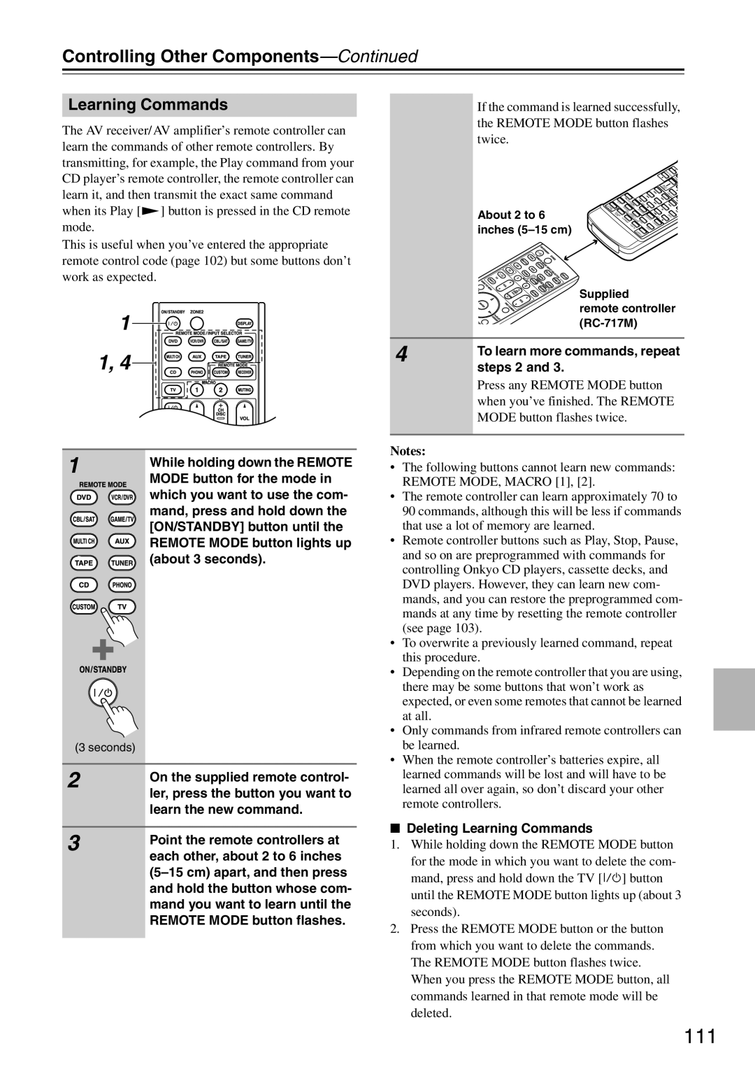 Onkyo TX-SA706 instruction manual Learning Commands, Controlling Other Components—Continued, Notes 