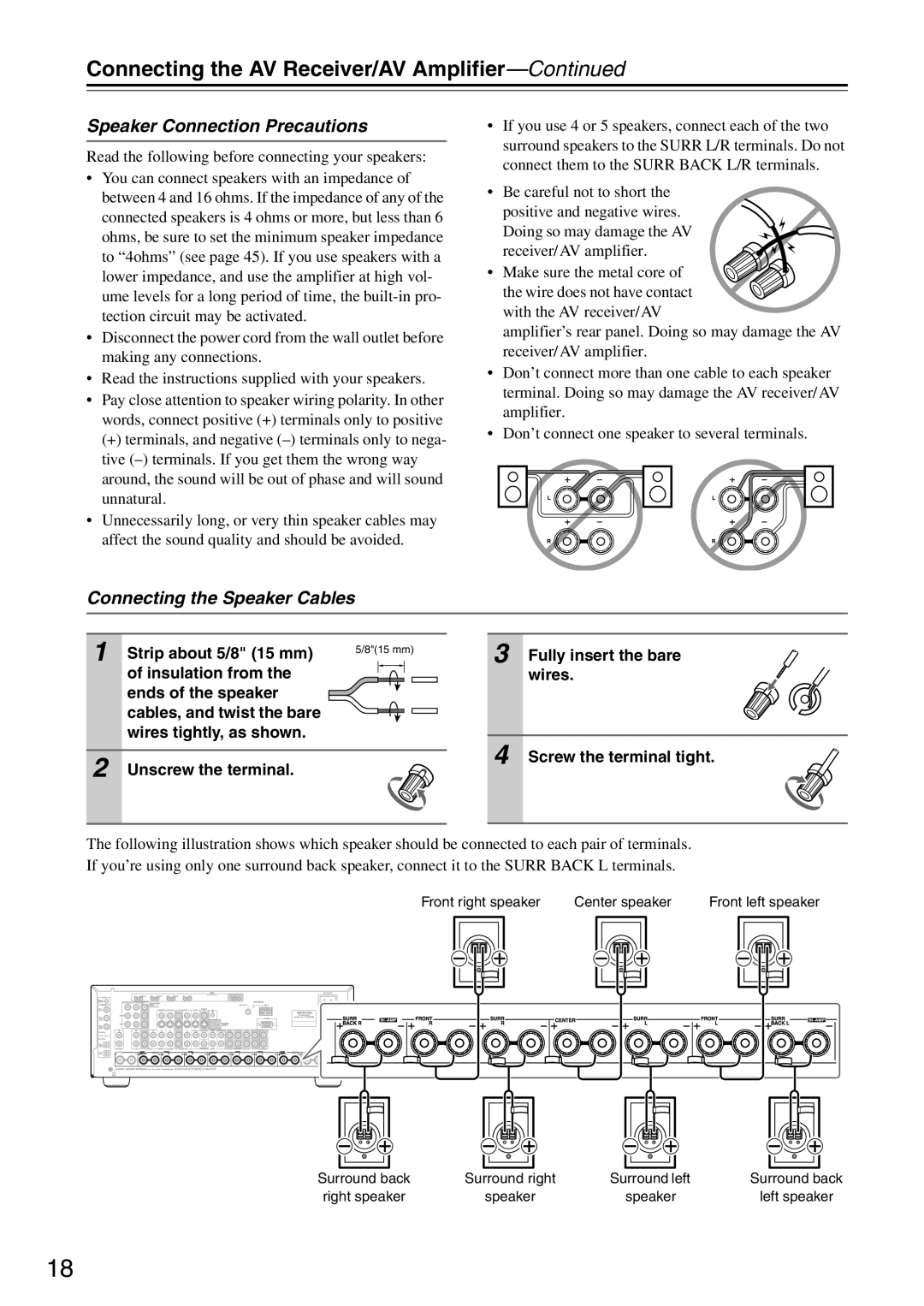 Onkyo TX-SA706 instruction manual Connecting the AV Receiver/AV Amplifier—Continued, Speaker Connection Precautions 