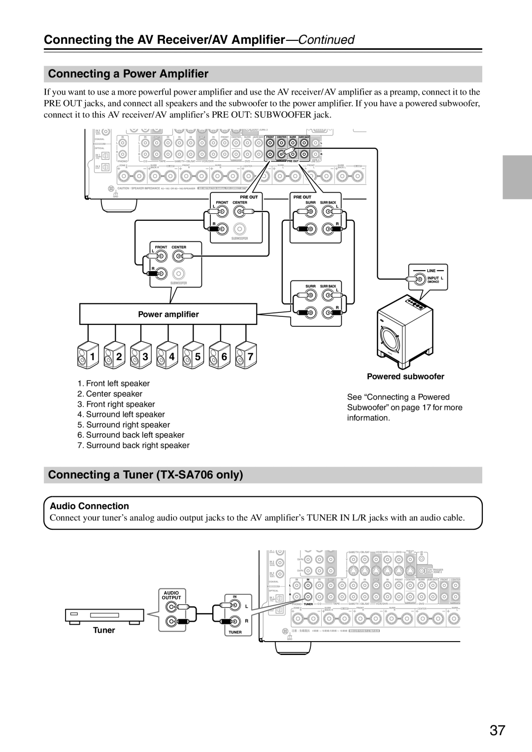 Onkyo instruction manual Connecting a Power Amplifier, Connecting a Tuner TX-SA706only, 1 2 3 4 5 6, Audio Connection 