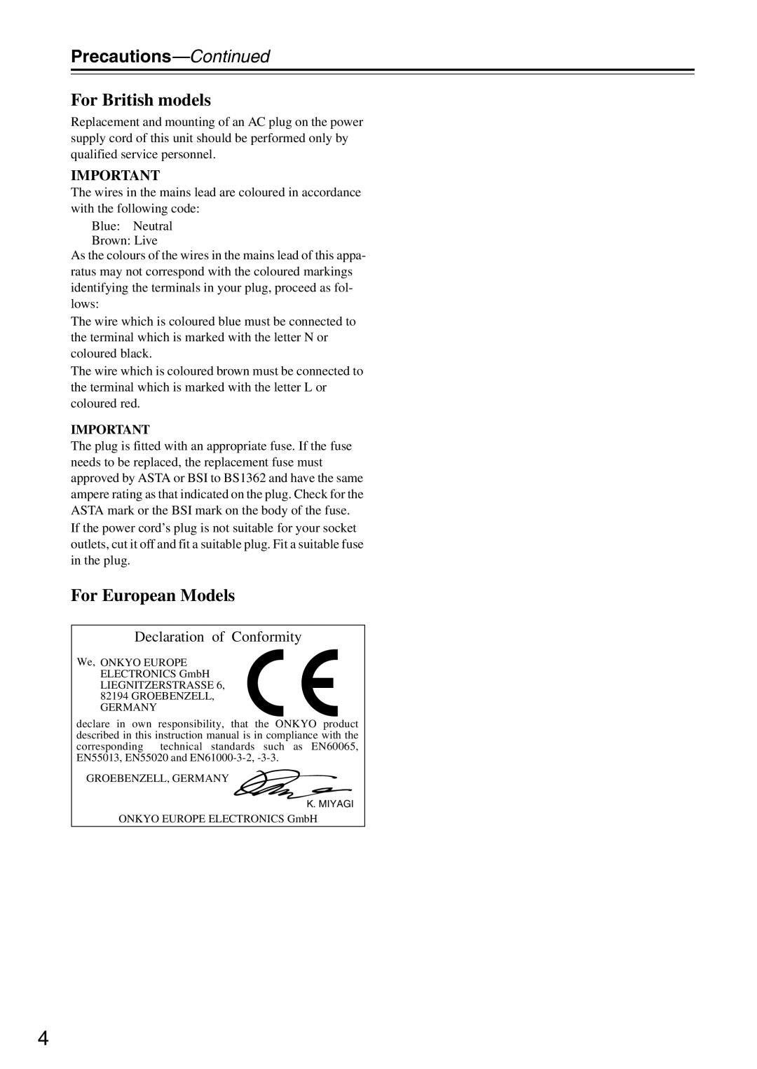 Onkyo TX-SA706 instruction manual Precautions—Continued, For British models, For European Models, Declaration of Conformity 