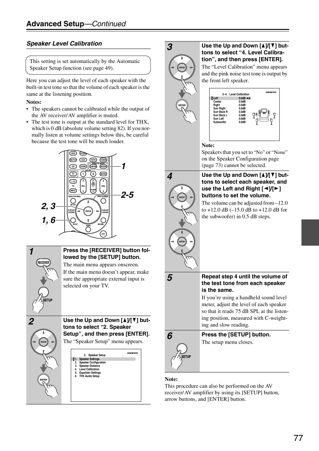 Onkyo TX-SA706 instruction manual 1 2-52, 31, Speaker Level Calibration, Advanced Setup—Continued, Notes 