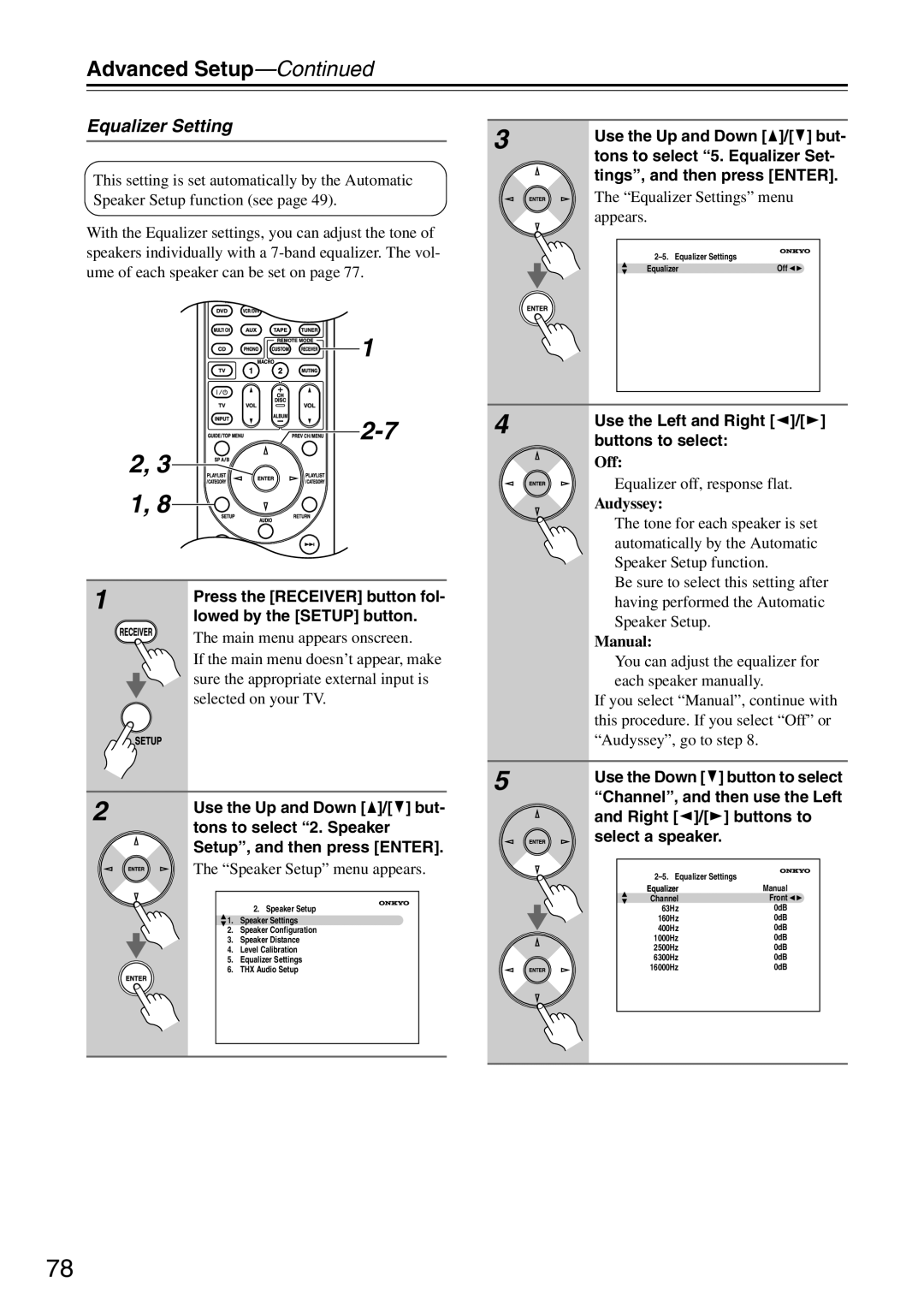 Onkyo TX-SA706 instruction manual 1 2-7 4 2, Equalizer Setting, Advanced Setup—Continued, Audyssey, Manual 