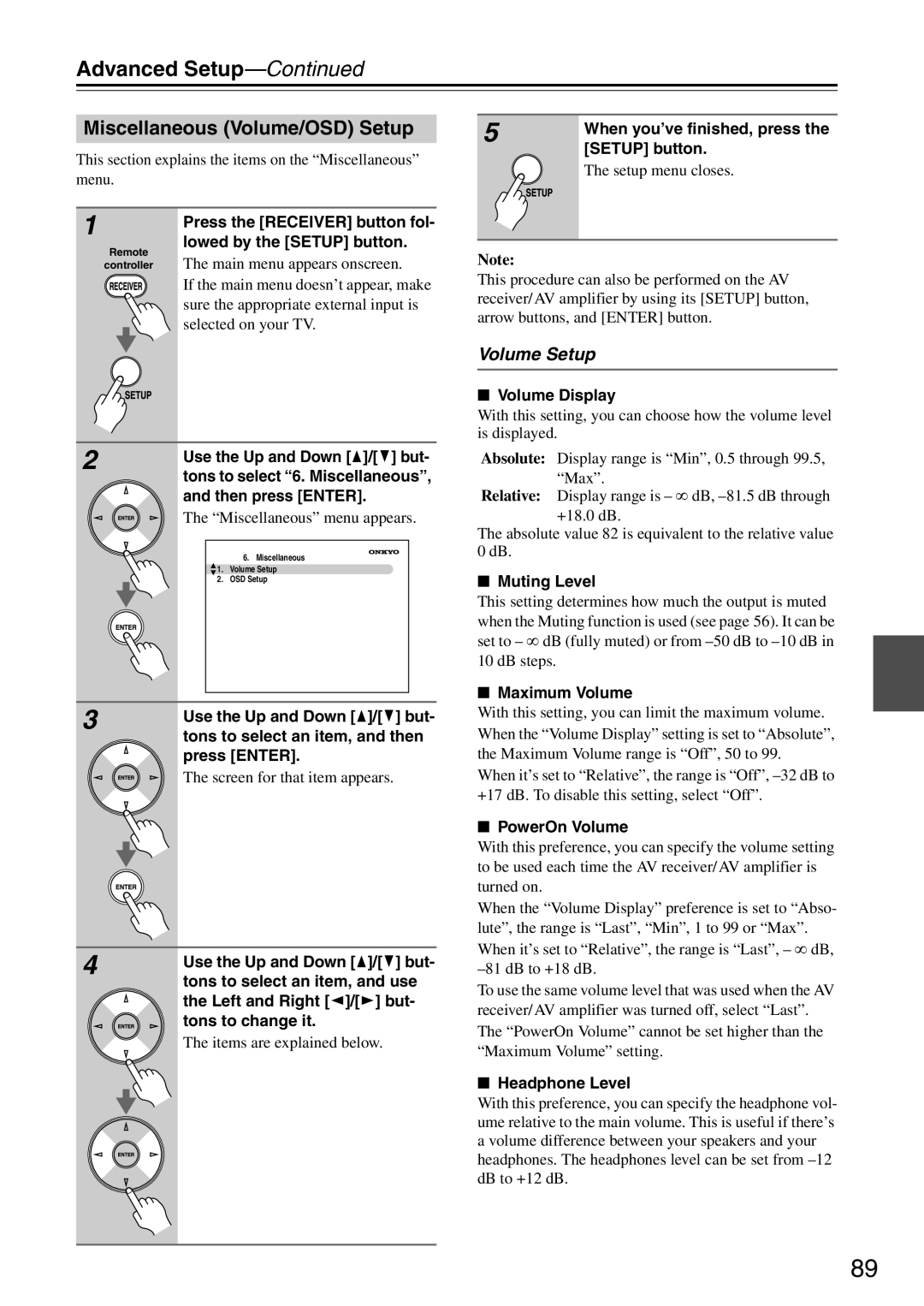 Onkyo TX-SA706 Miscellaneous Volume/OSD Setup, Volume Setup, Advanced Setup—Continued, The “Miscellaneous” menu appears 