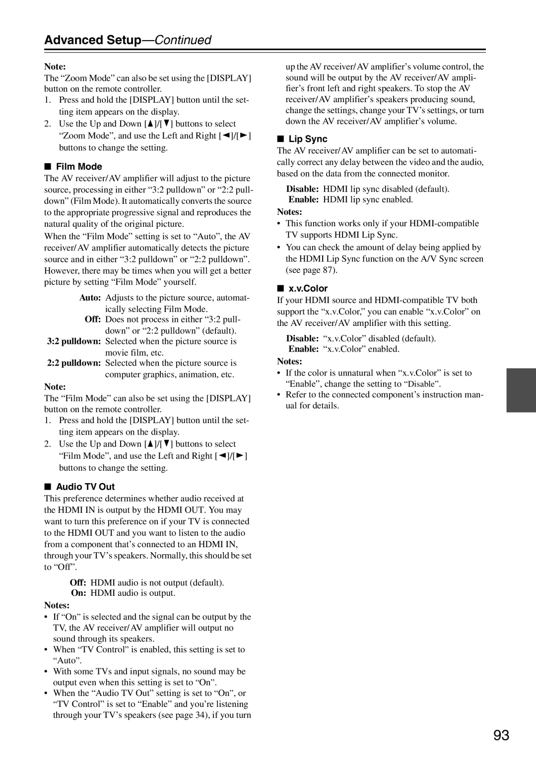 Onkyo TX-SA706 instruction manual Advanced Setup—Continued, Film Mode, Audio TV Out, Lip Sync, Notes, x.v.Color 