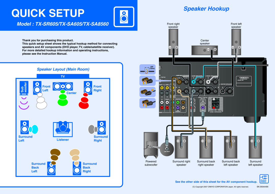 Onkyo operating instructions Quick Setup, Speaker Hookup, Model TX-SR605/TX-SA605/TX-SA8560, Speaker Layout Main Room 