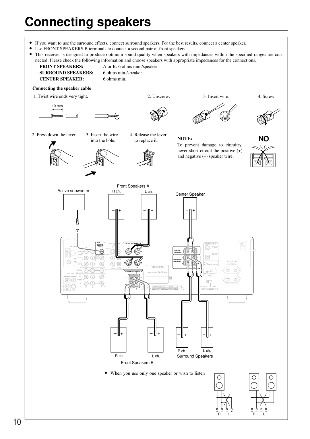 Onkyo TX-SE550 appendix Connecting speakers, Connecting the speaker cable 