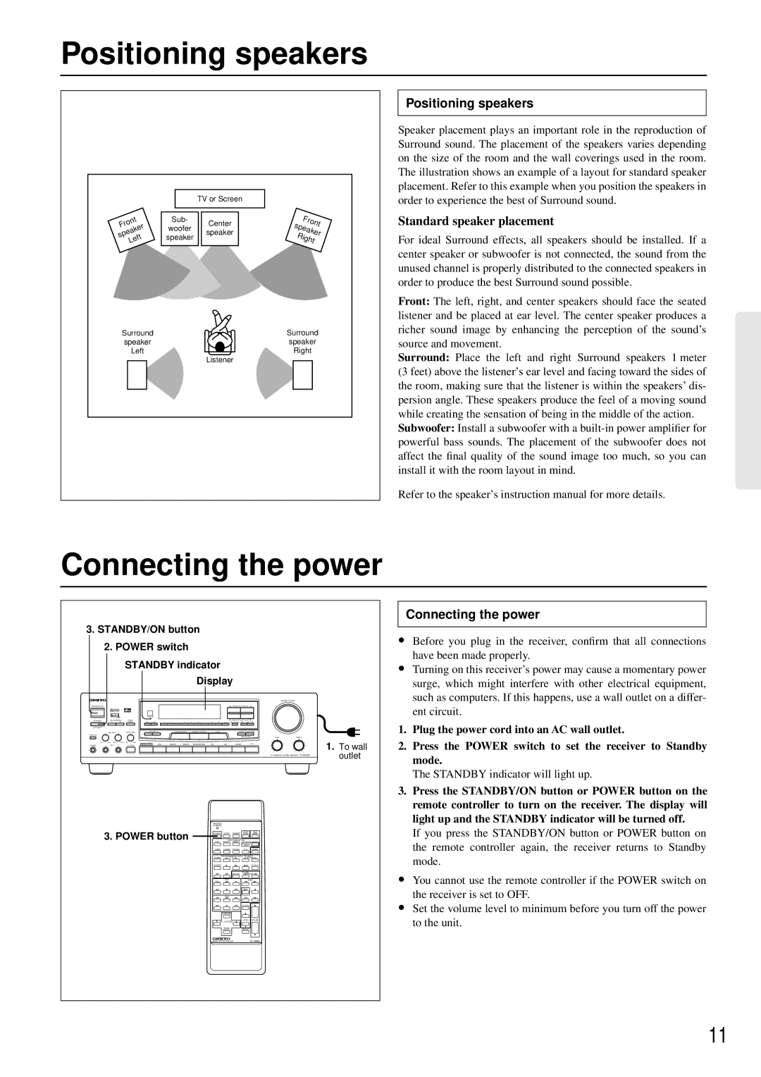 Onkyo TX-SE550 appendix Positioning speakers, Connecting the power 