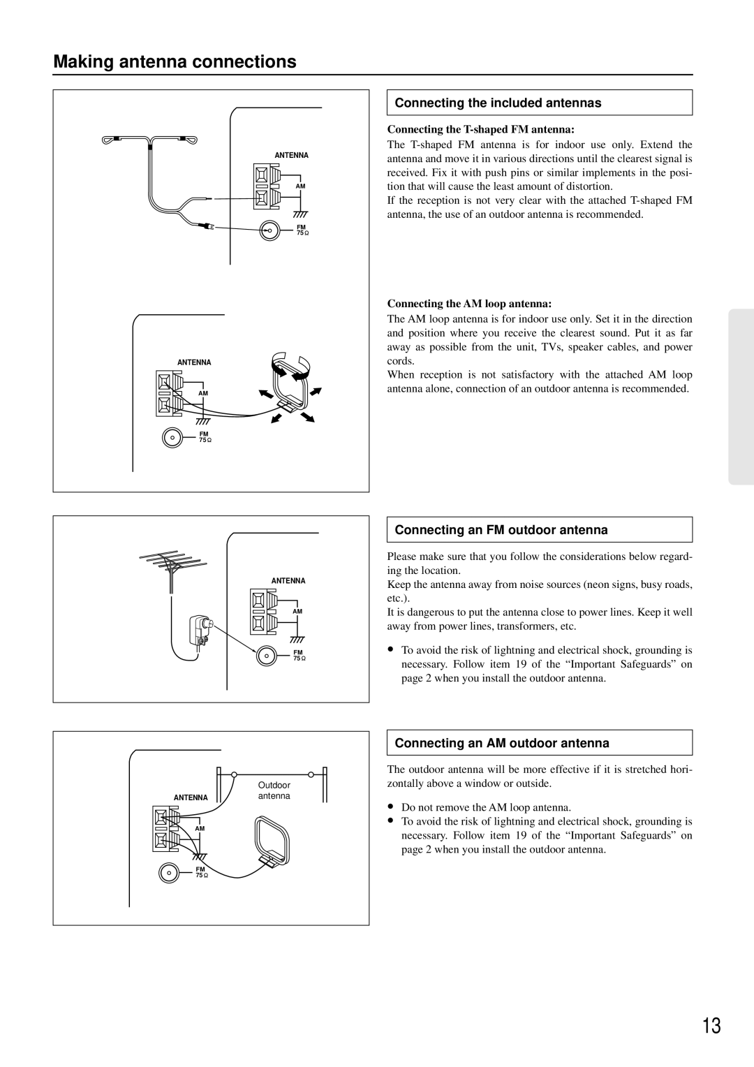 Onkyo TX-SE550 appendix Making antenna connections, Connecting the included antennas, Connecting an FM outdoor antenna 