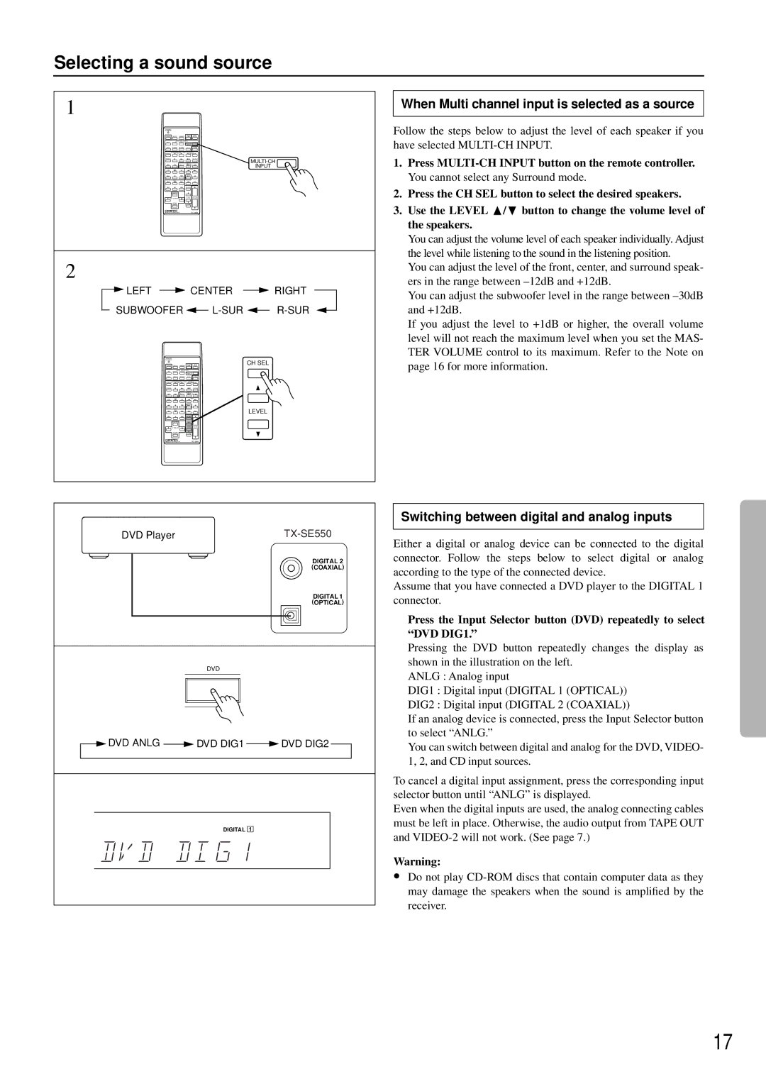 Onkyo TX-SE550 appendix Selecting a sound source, When Multi channel input is selected as a source 