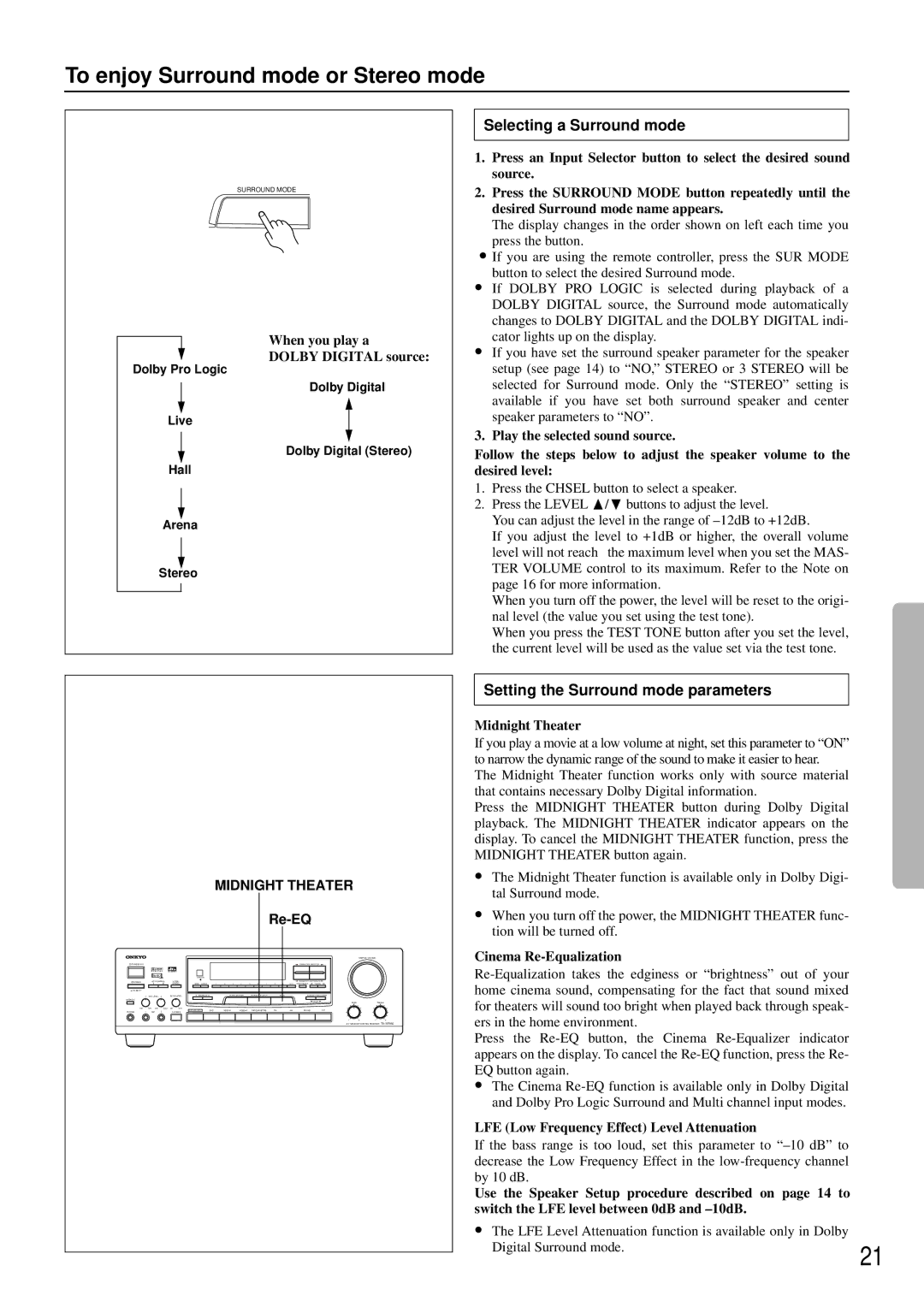 Onkyo TX-SE550 To enjoy Surround mode or Stereo mode, Selecting a Surround mode, Setting the Surround mode parameters 