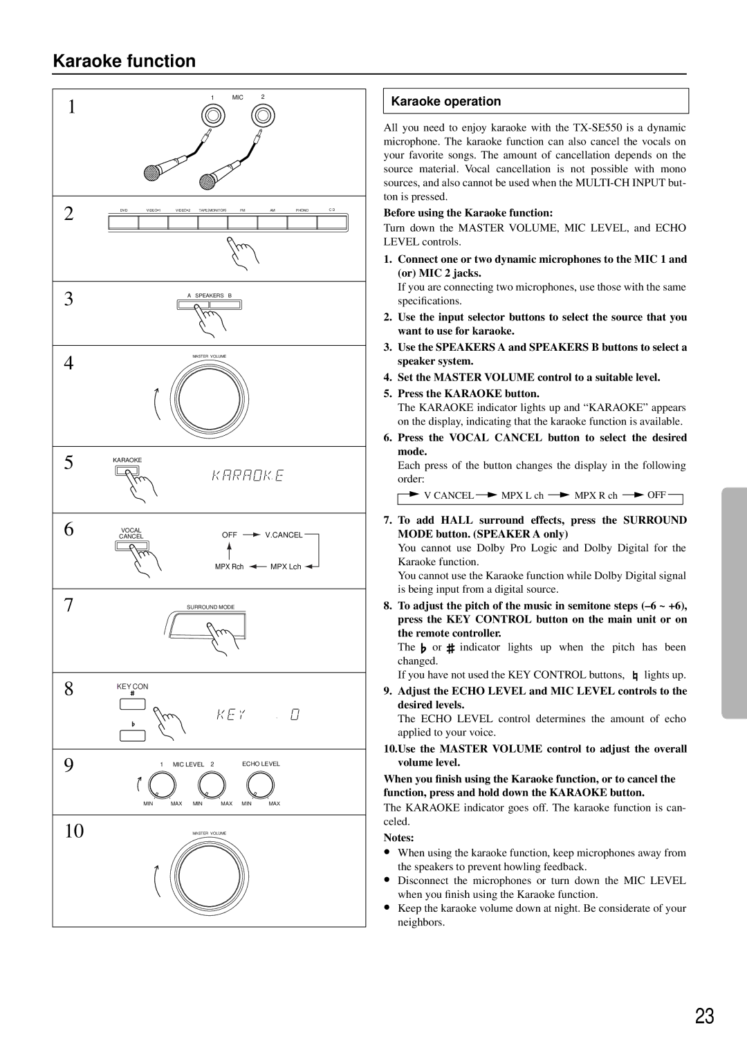 Onkyo TX-SE550 appendix Karaoke operation, Before using the Karaoke function 