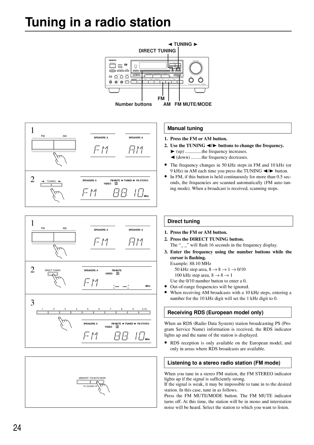 Onkyo TX-SE550 appendix Tuning in a radio station, Manual tuning, Direct tuning, Receiving RDS European model only 