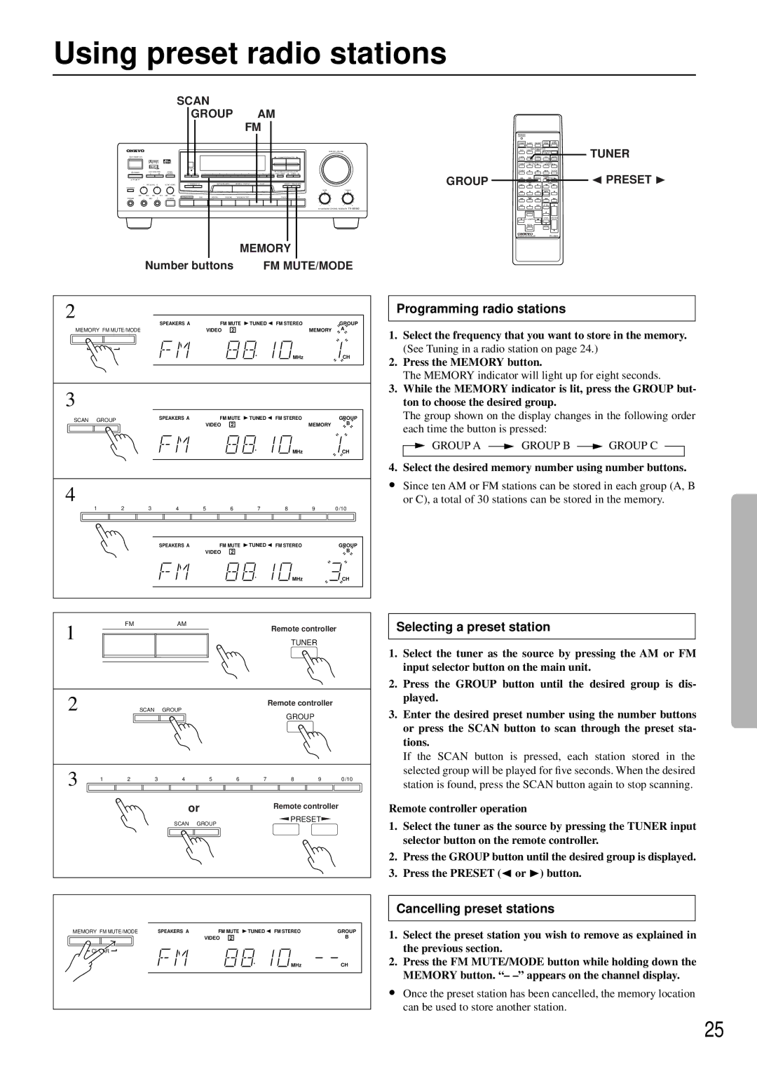 Onkyo TX-SE550 appendix Using preset radio stations, Programming radio stations, Selecting a preset station 