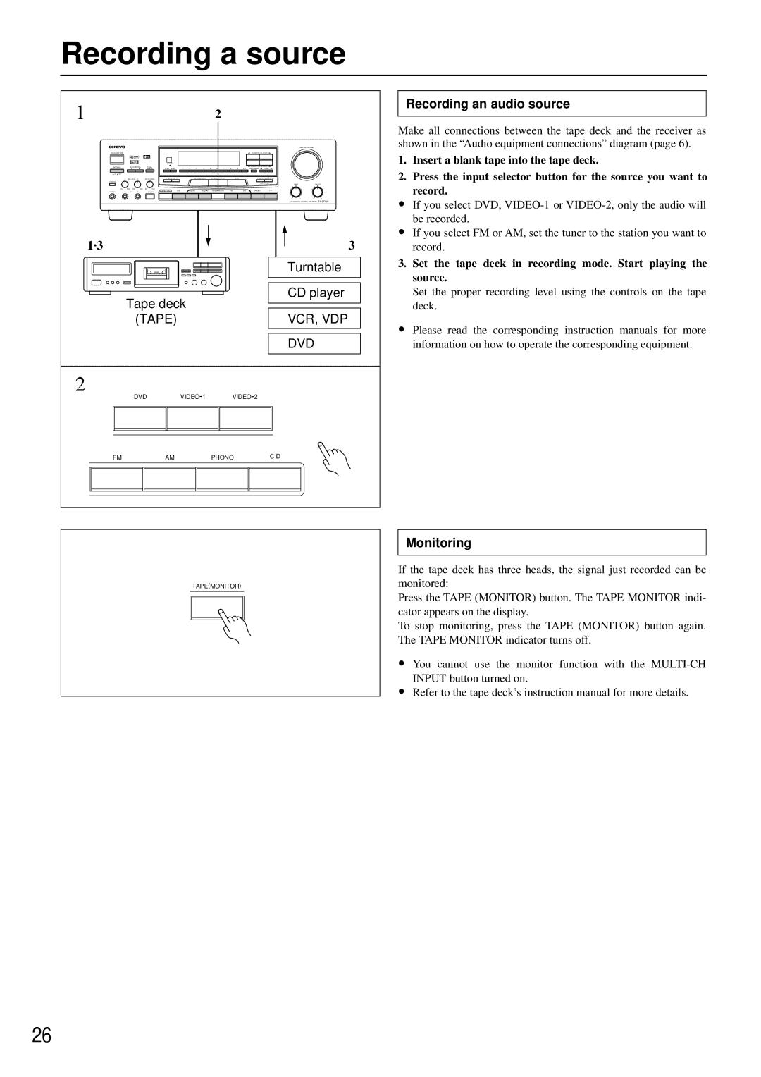 Onkyo TX-SE550 appendix Recording a source, Recording an audio source, Monitoring 