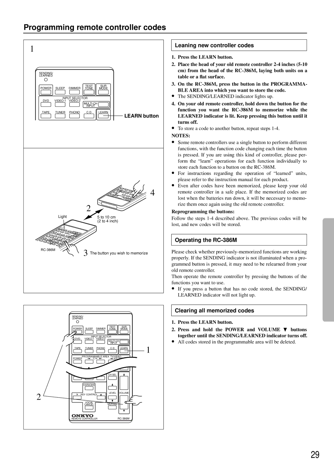 Onkyo TX-SE550 appendix Programming remote controller codes, Leaning new controller codes, Operating the RC-386M 