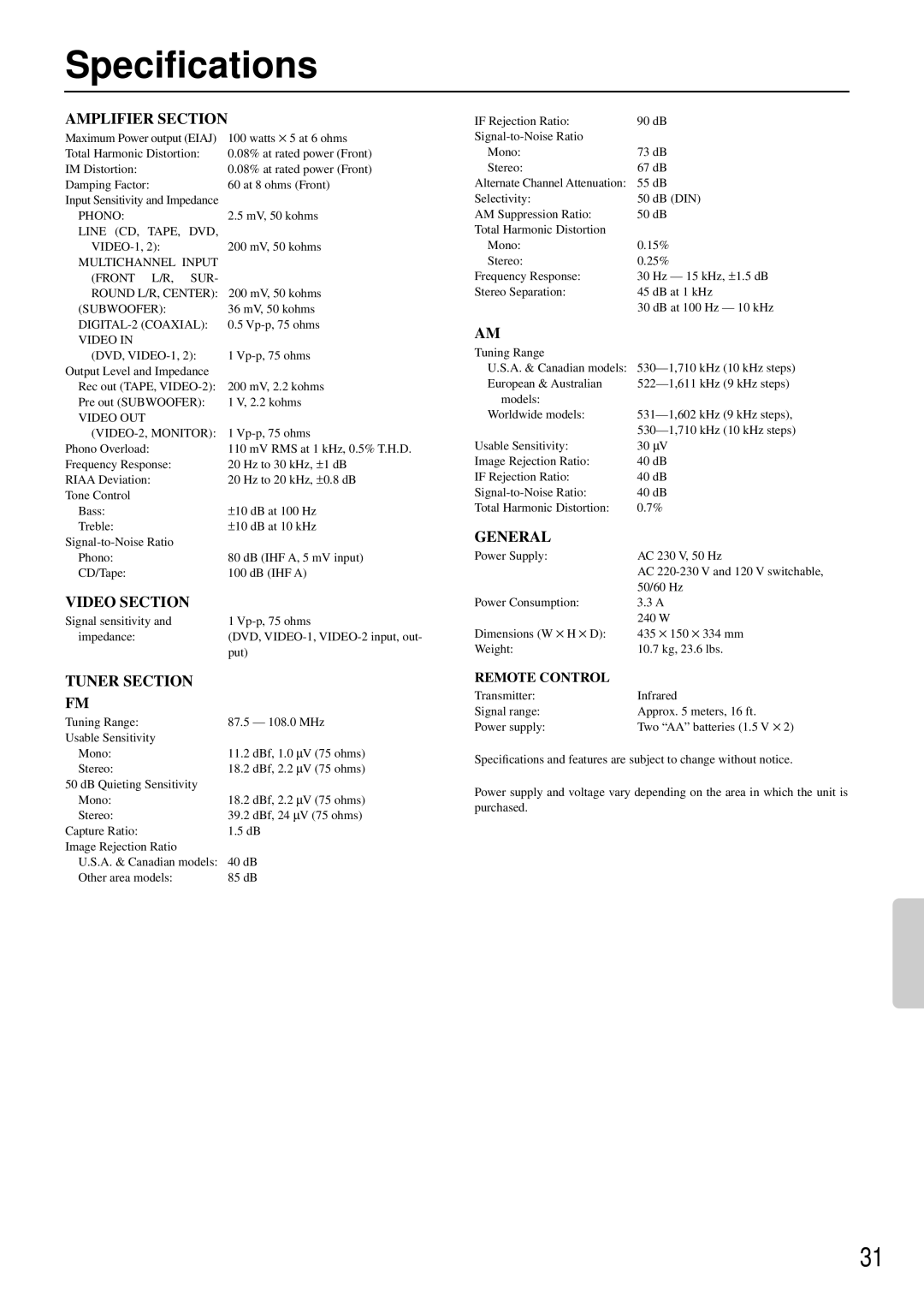 Onkyo TX-SE550 appendix Speciﬁcations, Amplifier Section 