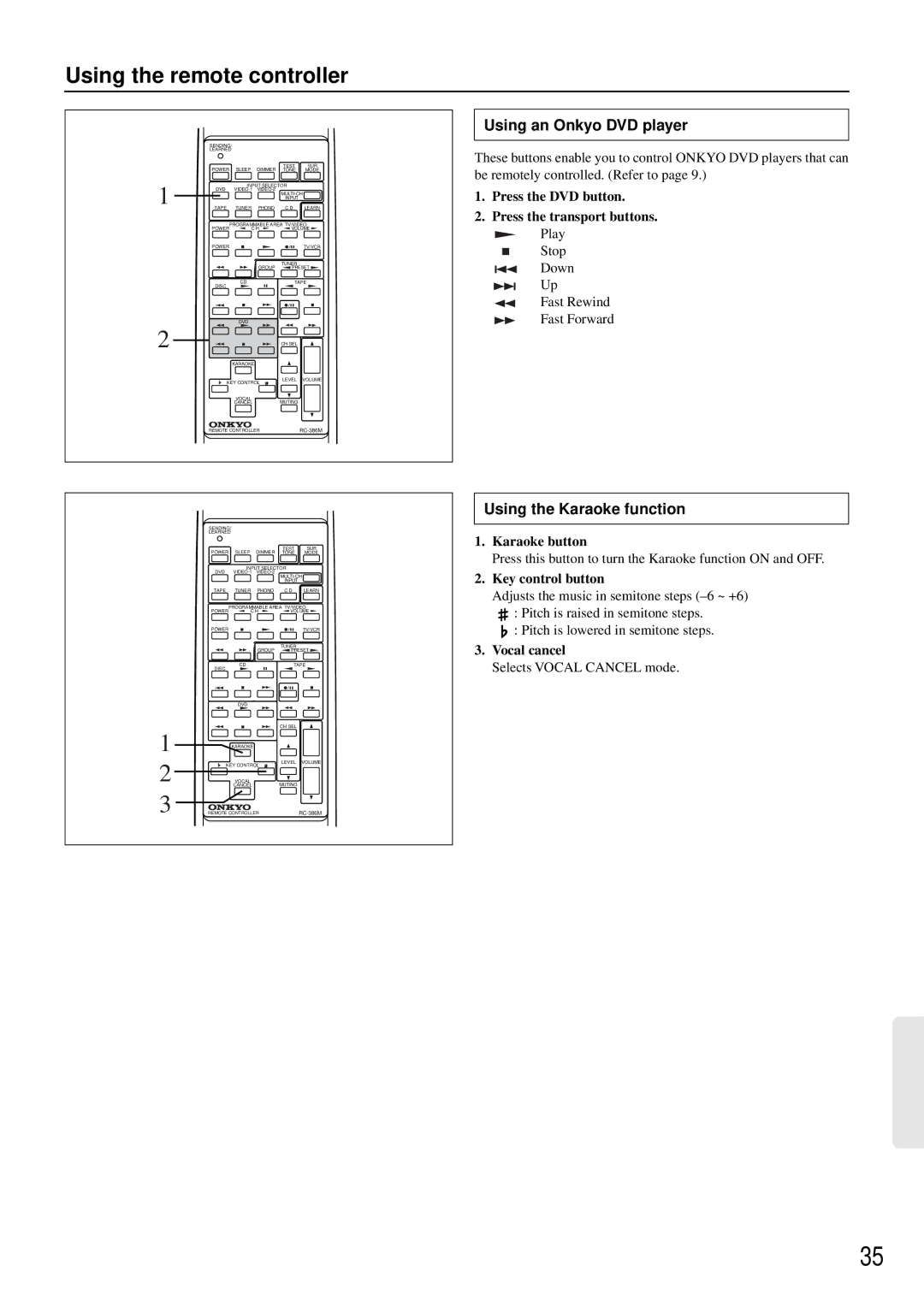 Onkyo TX-SE550 appendix Using the remote controller, Using an Onkyo DVD player, Using the Karaoke function 