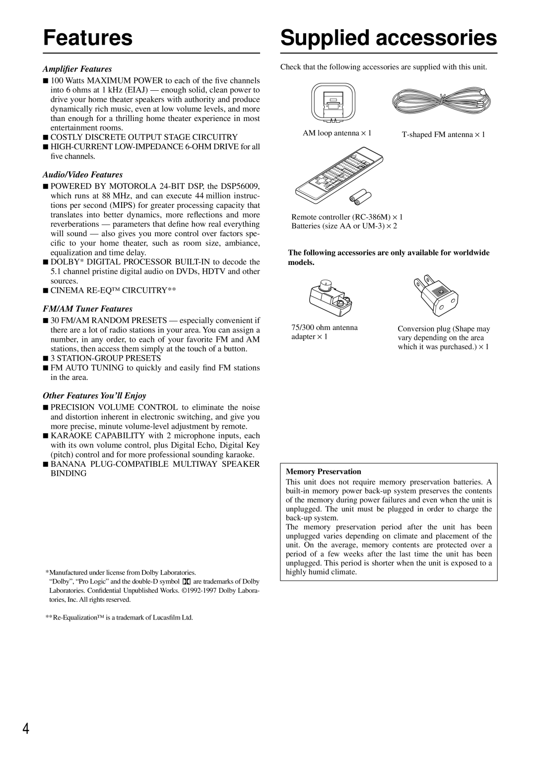 Onkyo TX-SE550 appendix Features, Supplied accessories, Memory Preservation 