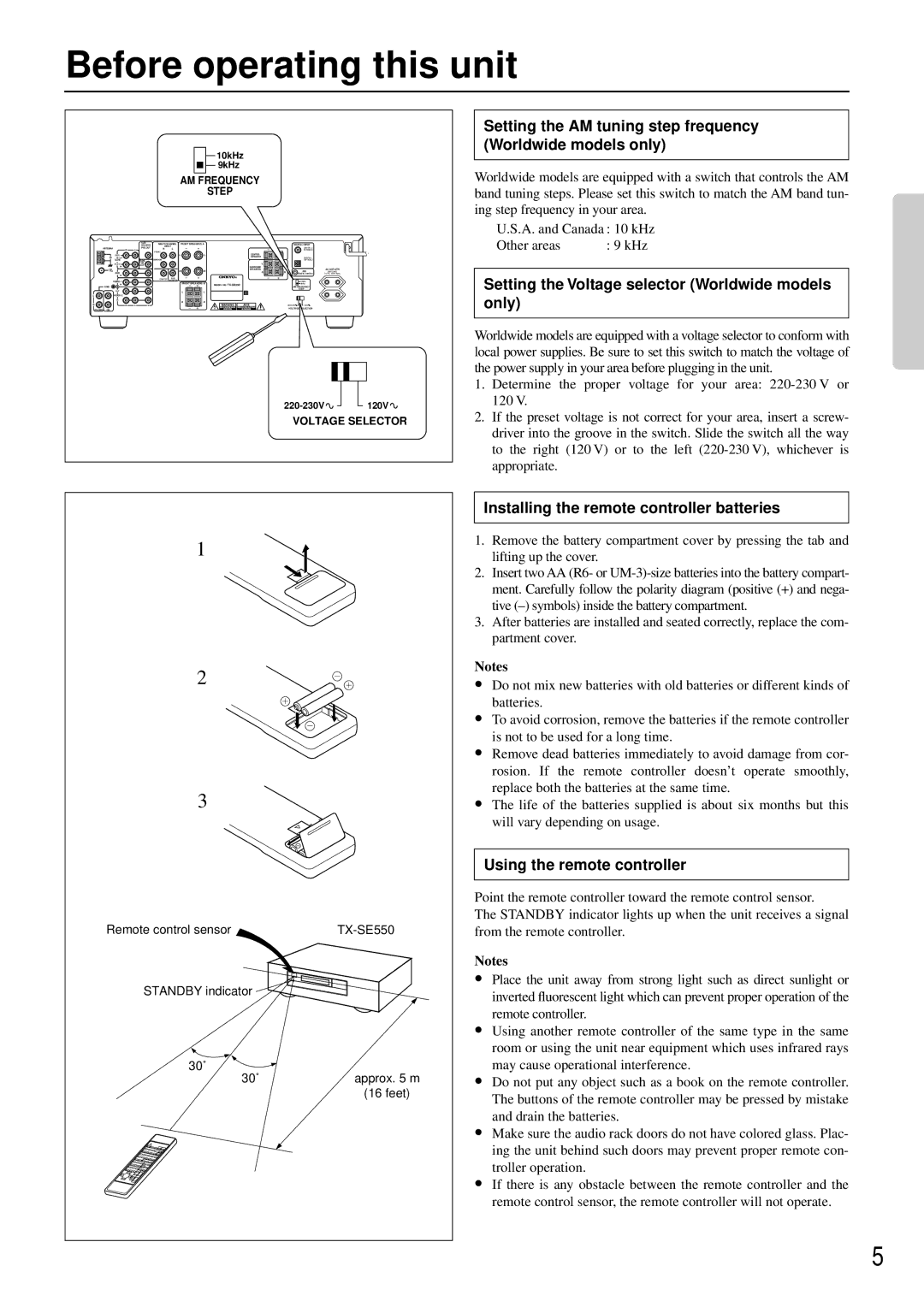 Onkyo TX-SE550 appendix Before operating this unit, Setting the AM tuning step frequency Worldwide models only 