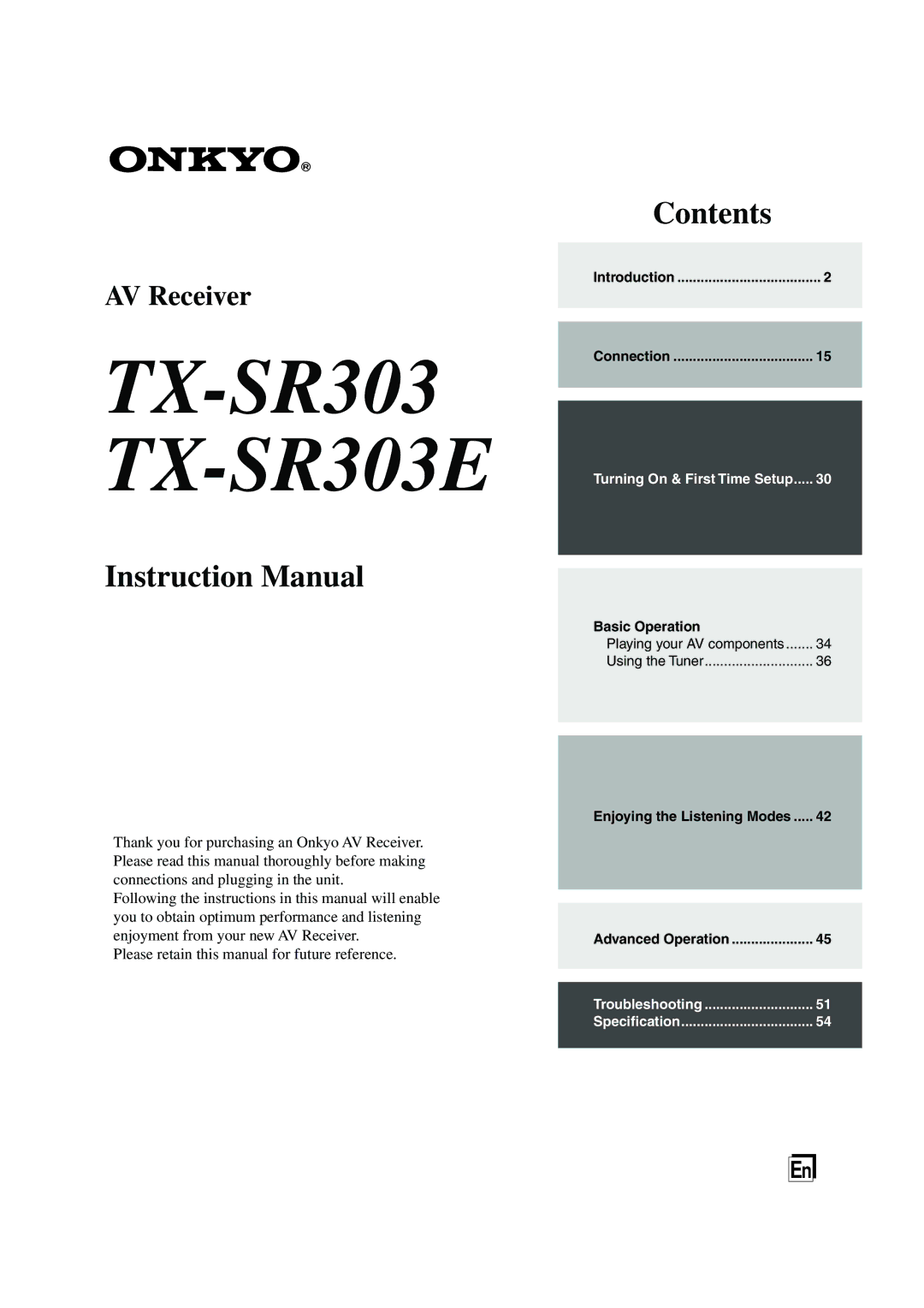 Onkyo instruction manual TX-SR303 TX-SR303E 