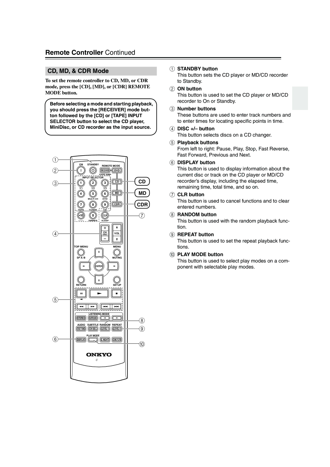 Onkyo TX-SR303E instruction manual CD, MD, & CDR Mode, This button sets the CD player or MD/CD recorder to Standby 