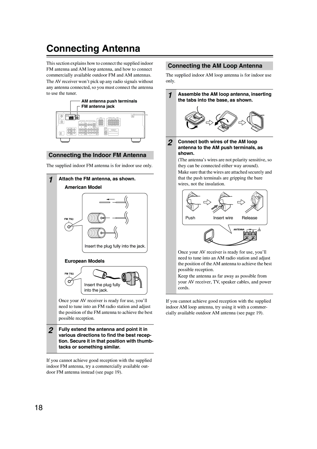 Onkyo TX-SR303E Connecting Antenna, Connecting the Indoor FM Antenna, Connecting the AM Loop Antenna, European Models 