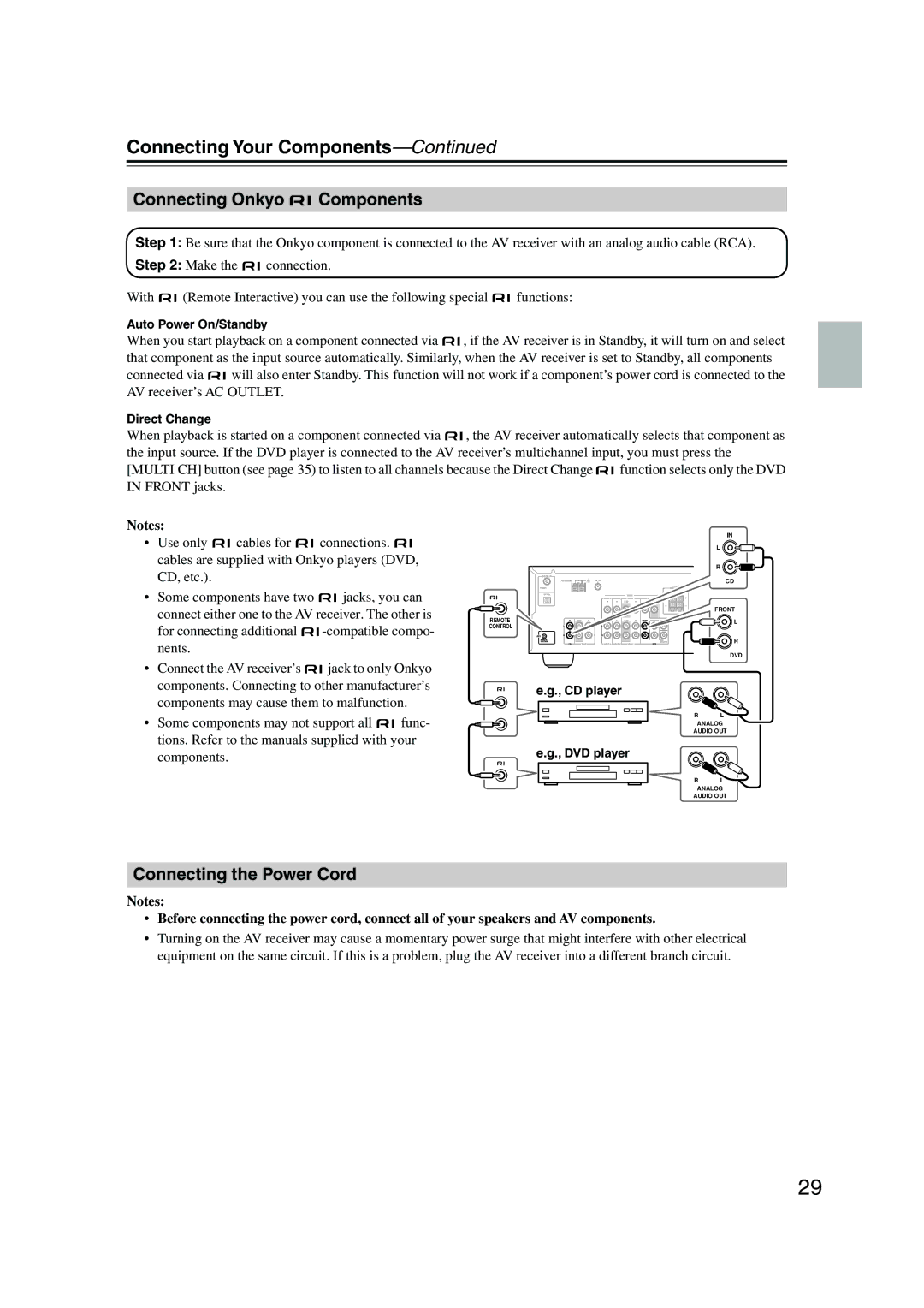 Onkyo TX-SR303 Connecting Onkyo Components, Connecting the Power Cord, For connecting additional -compatible compo- nents 