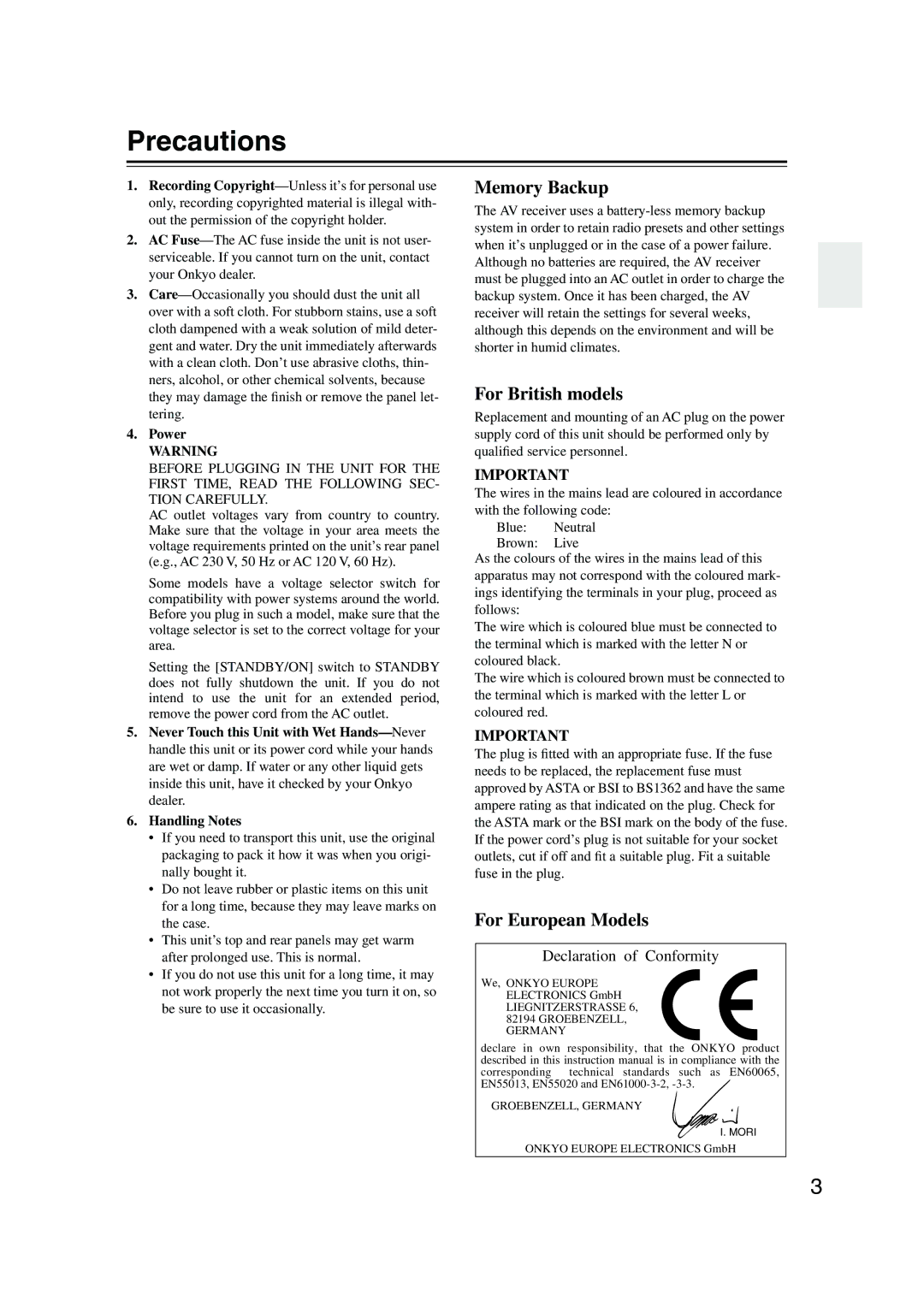 Onkyo TX-SR303E instruction manual Precautions, Power 