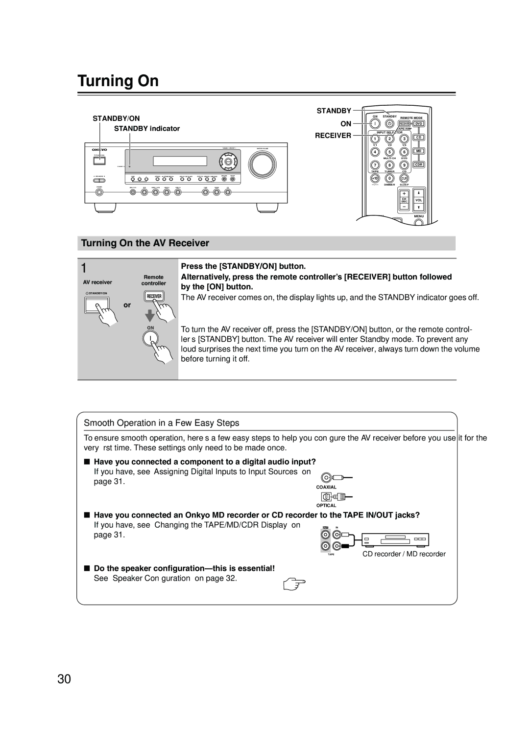 Onkyo TX-SR303E instruction manual Turning On the AV Receiver, Smooth Operation in a Few Easy Steps 